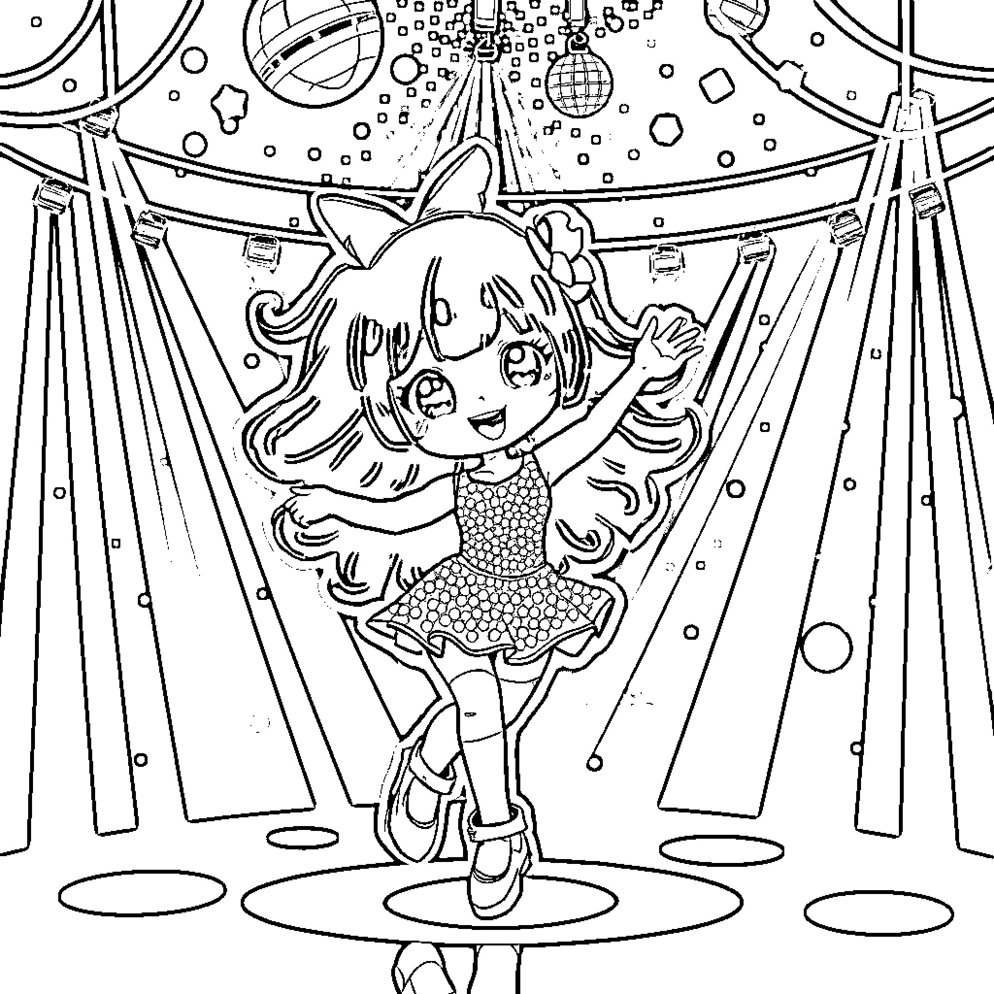 Kuromi performing on stage in a sparkly outfit Coloring Page (free black-and-white line drawing printable PDF for all, from beginners to advanced learners, including children, teens, adults, and seniors)