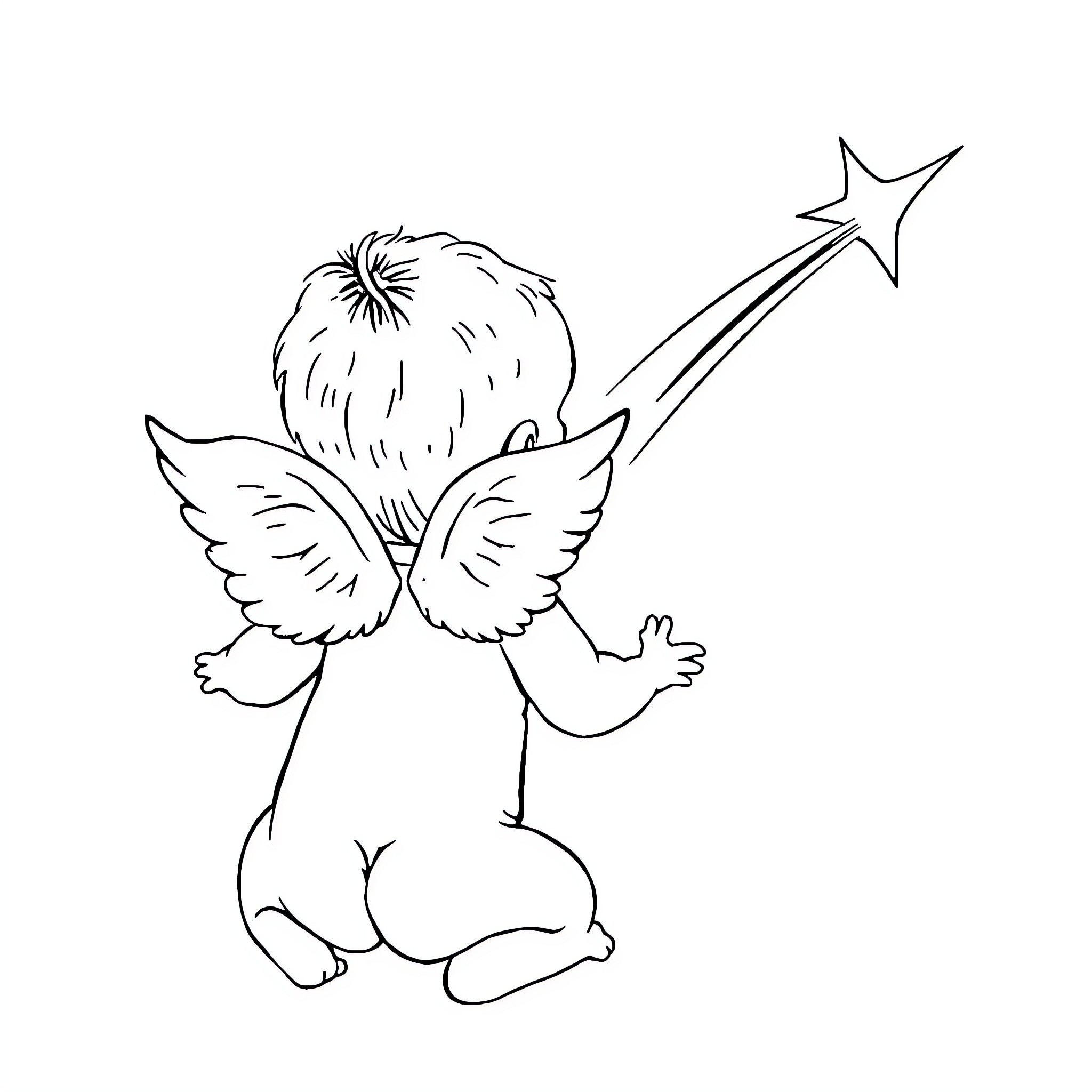Baby angel with magic wand Coloring Page (free black-and-white line drawing printable PDF for all, from beginners to advanced learners, including children, teens, adults, and seniors)