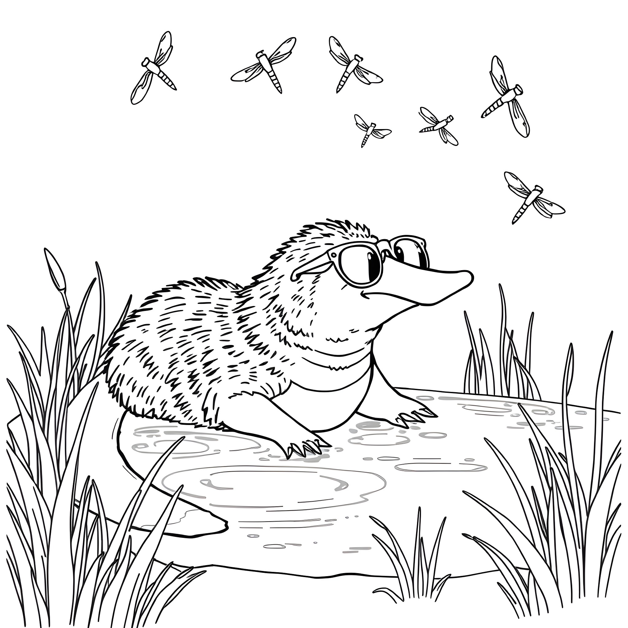Platypus relaxing in the pond with dragonflies Coloring Page (free black-and-white line drawing printable PDF for all, from beginners to advanced learners, including children, teens, adults, and seniors)