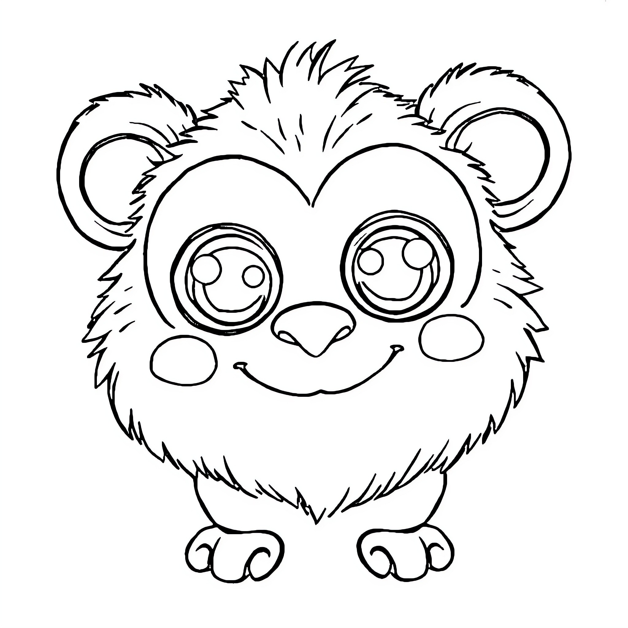 Monster Furry Creature with Expressive Eyes Coloring Page (free black-and-white line drawing printable PDF for all, from beginners to advanced learners, including children, teens, adults, and seniors)