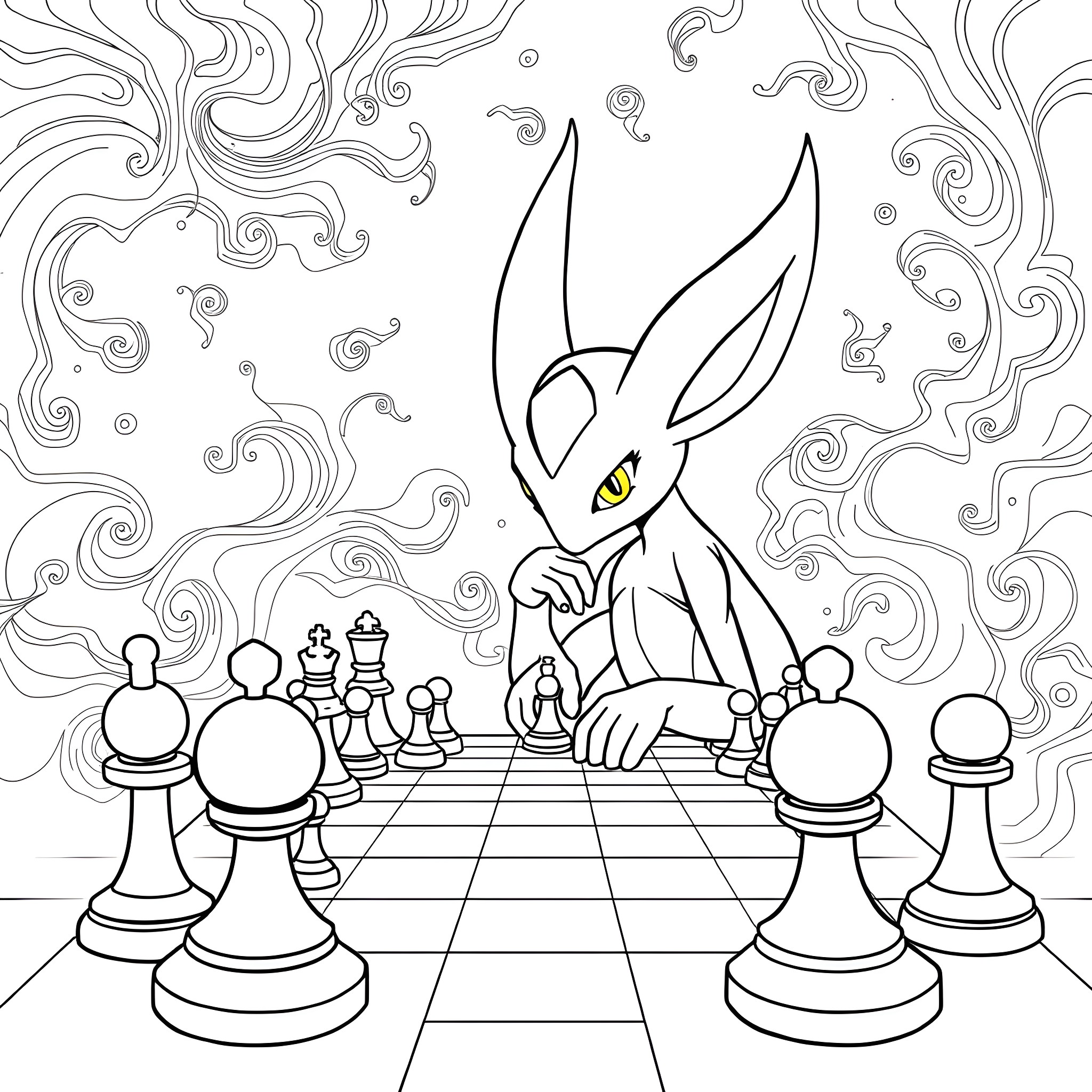 Mewtwo playing chess on a chessboard Coloring Page (free black-and-white line drawing printable PDF for all, from beginners to advanced learners, including children, teens, adults, and seniors)