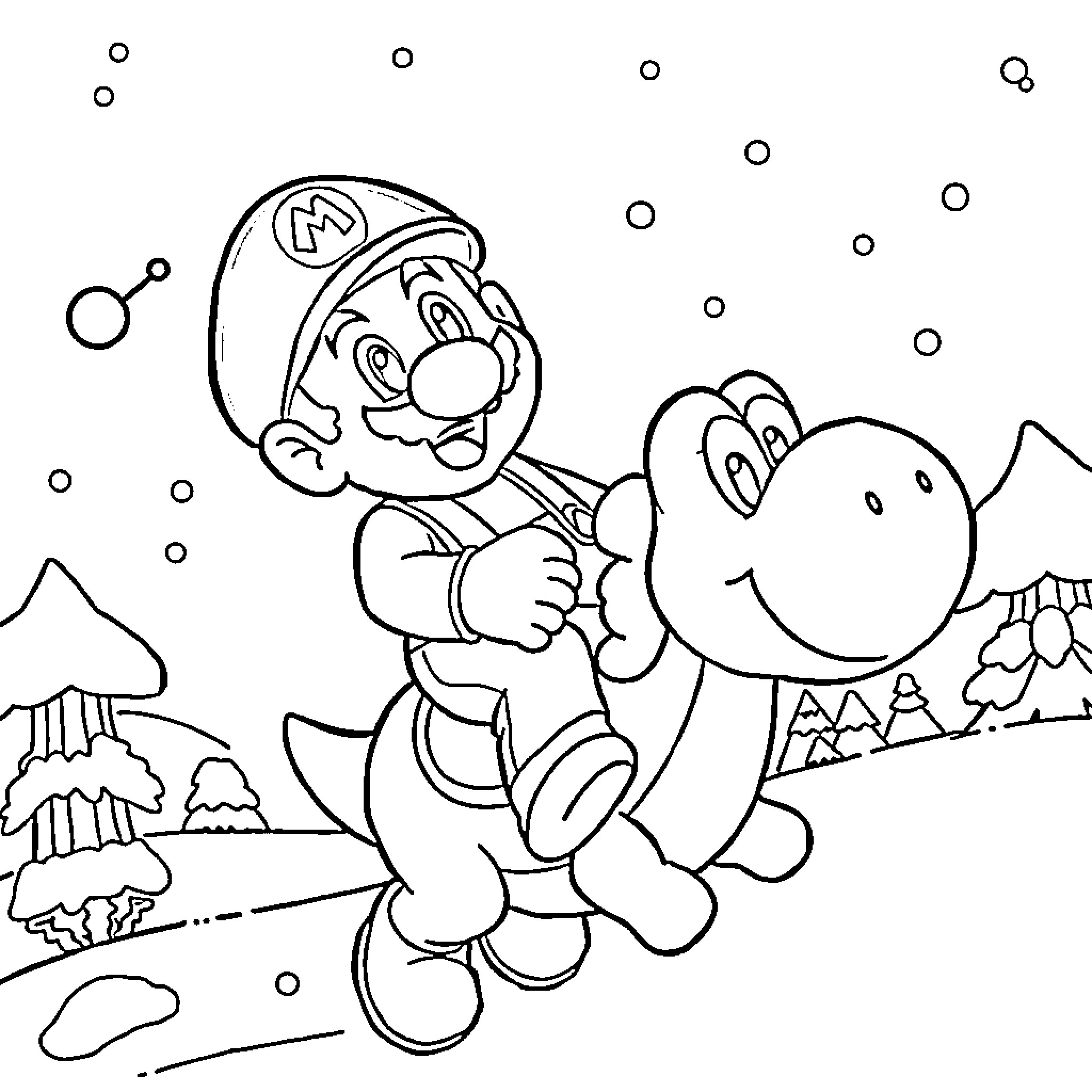 Mario in a snowy winter scene with Yoshi Coloring Page (free black-and-white line drawing printable PDF for all, from beginners to advanced learners, including children, teens, adults, and seniors)