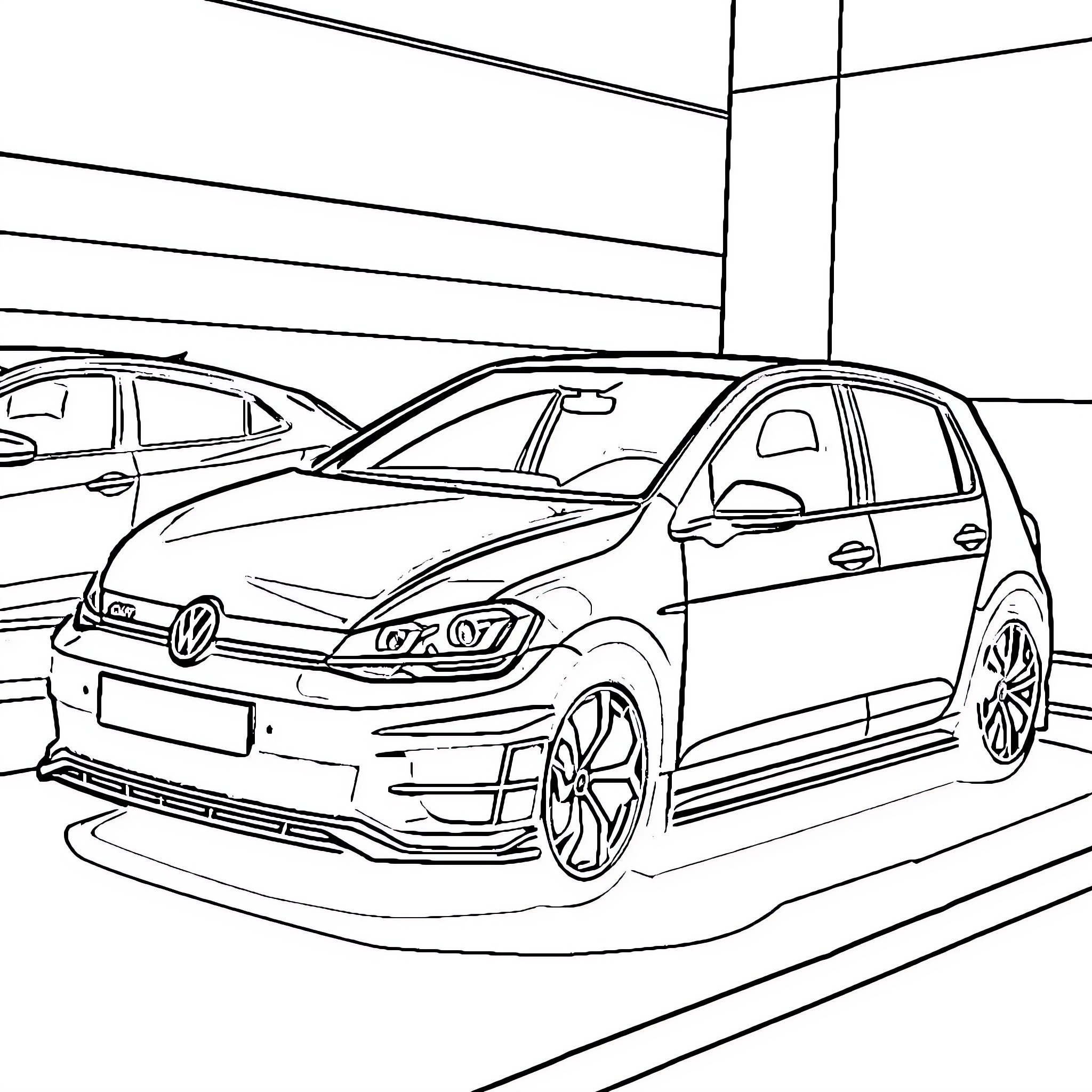Golf cars parked in a garage Coloring Page (free black-and-white line drawing printable PDF for all, from beginners to advanced learners, including children, teens, adults, and seniors)