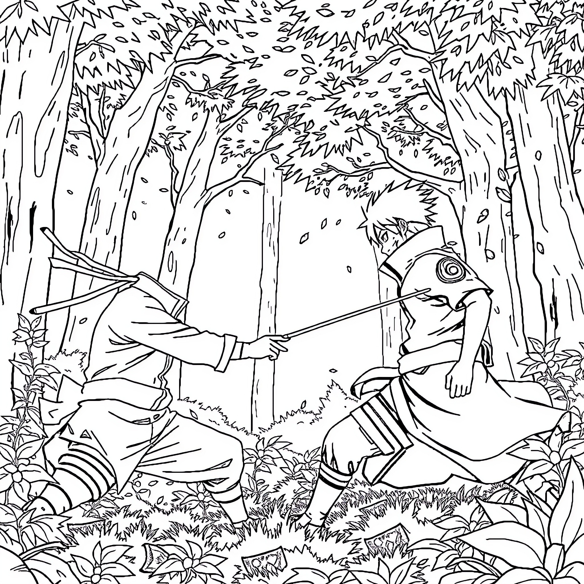 Naruto characters engaged in an intense battle in the forest Coloring Page (free black-and-white line drawing printable PDF for all, from beginners to advanced learners, including children, teens, adults, and seniors)