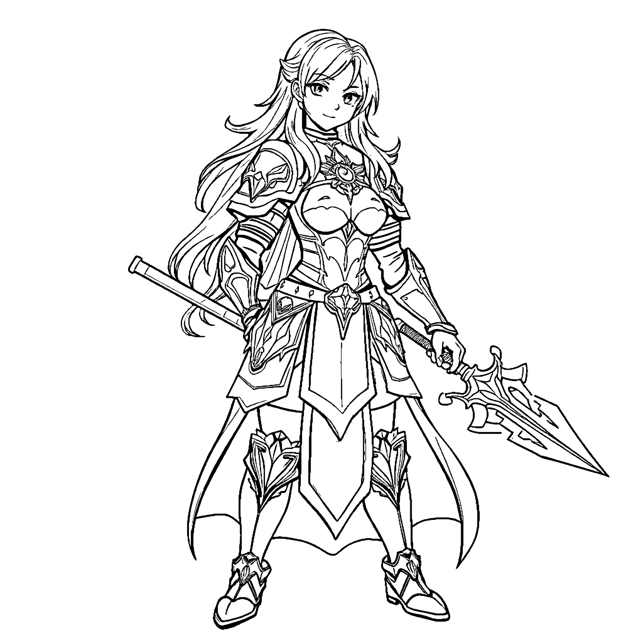 Camilla, the Armored Warrior Princess Coloring Page (free black-and-white line drawing printable PDF for all, from beginners to advanced learners, including children, teens, adults, and seniors)