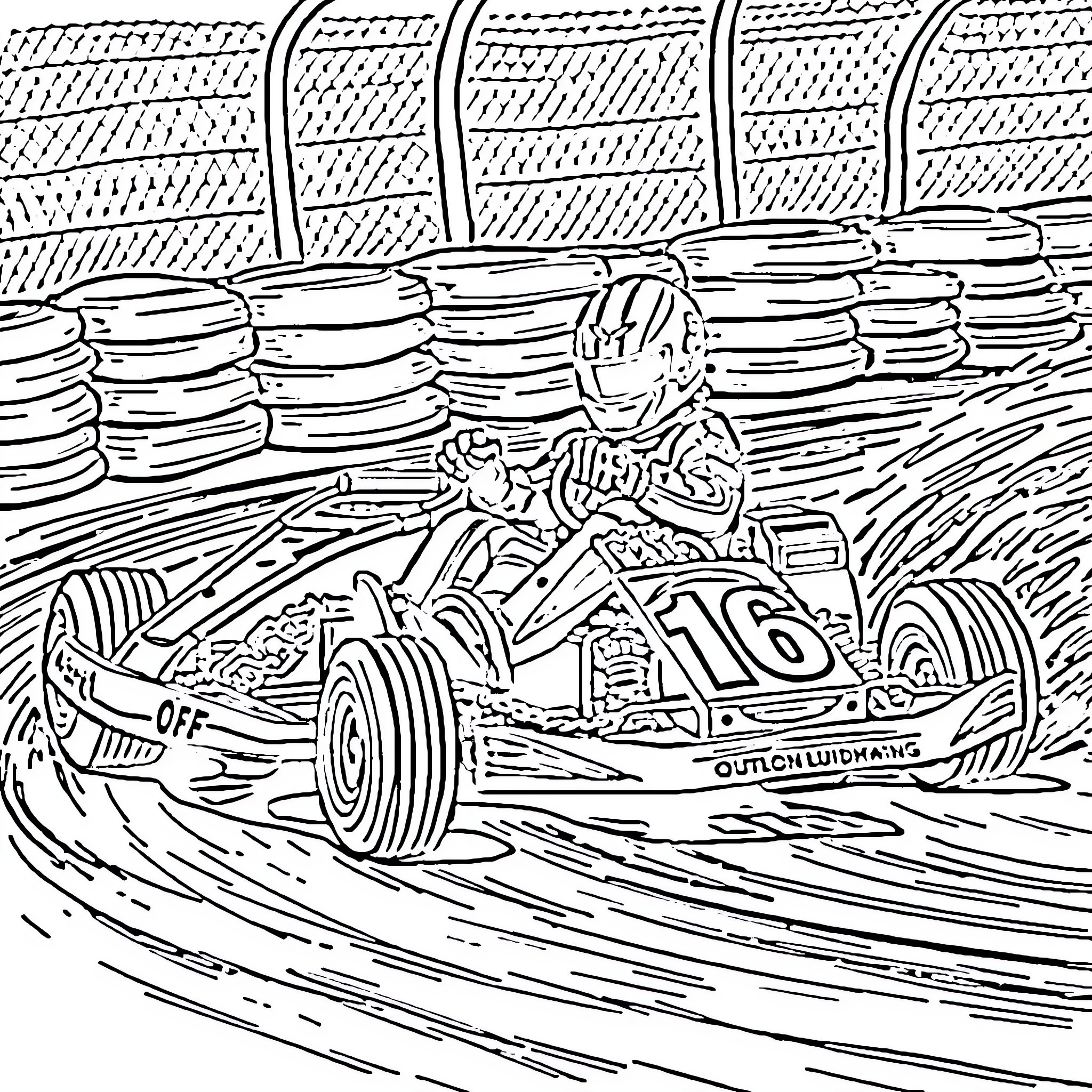 Outlaw Kart Racer Navigating Tight Turns on Asphalt Track Coloring Page (free black-and-white line drawing printable PDF for all, from beginners to advanced learners, including children, teens, adults, and seniors)