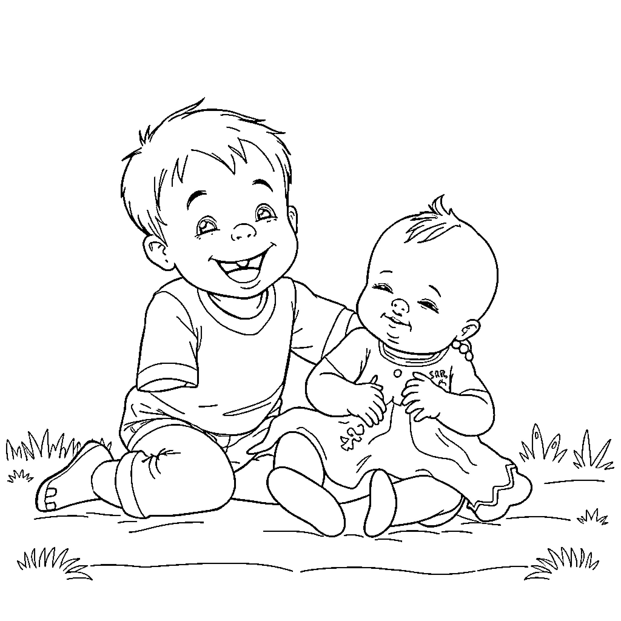 Child playing with baby outdoors Coloring Page (free black-and-white line drawing printable PDF for all, from beginners to advanced learners, including children, teens, adults, and seniors)
