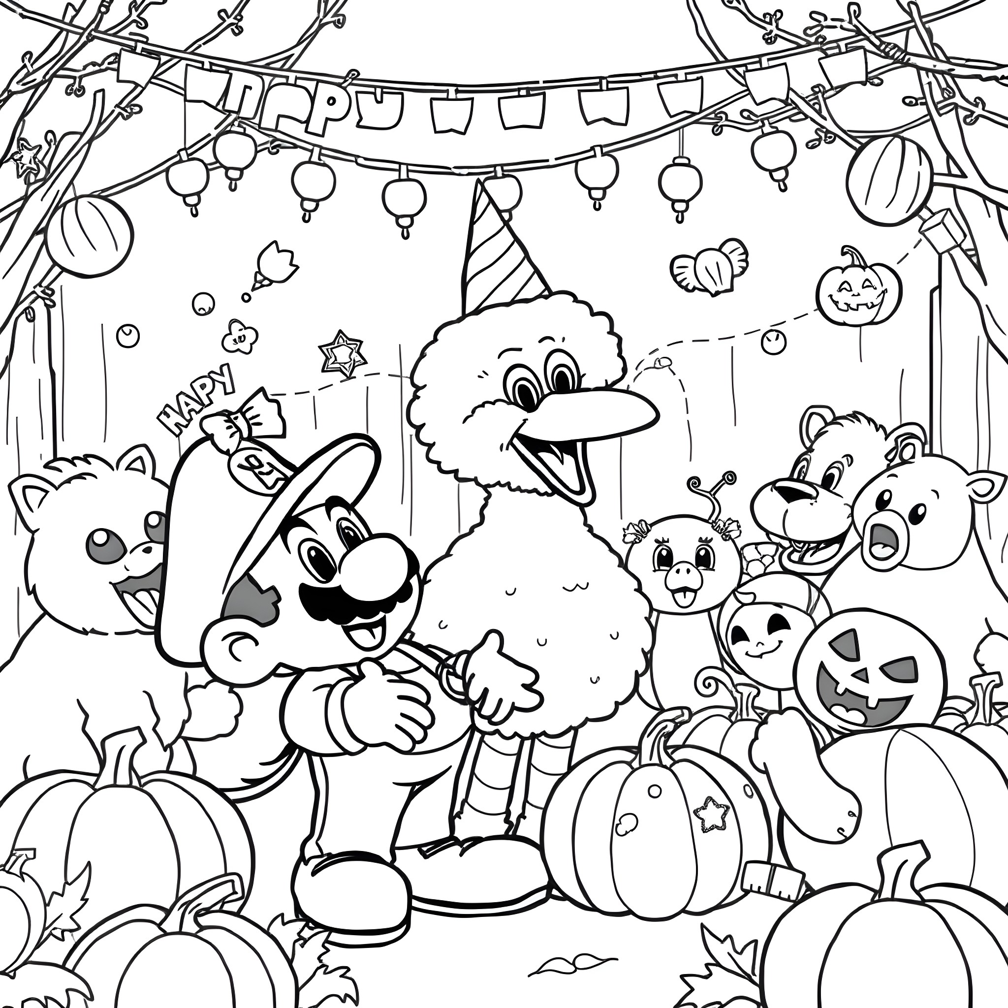 Mario's Halloween Party with Cartoon Characters Coloring Page (free black-and-white line drawing printable PDF for all, from beginners to advanced learners, including children, teens, adults, and seniors)