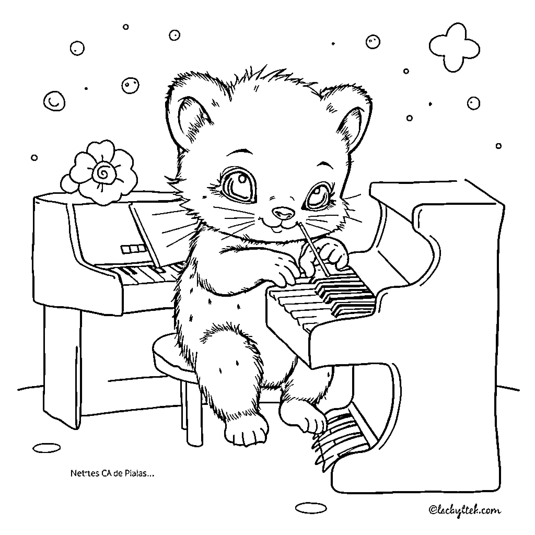 Teddy Bear Playing Joyful Piano Coloring Page (free black-and-white line drawing printable PDF for all, from beginners to advanced learners, including children, teens, adults, and seniors)