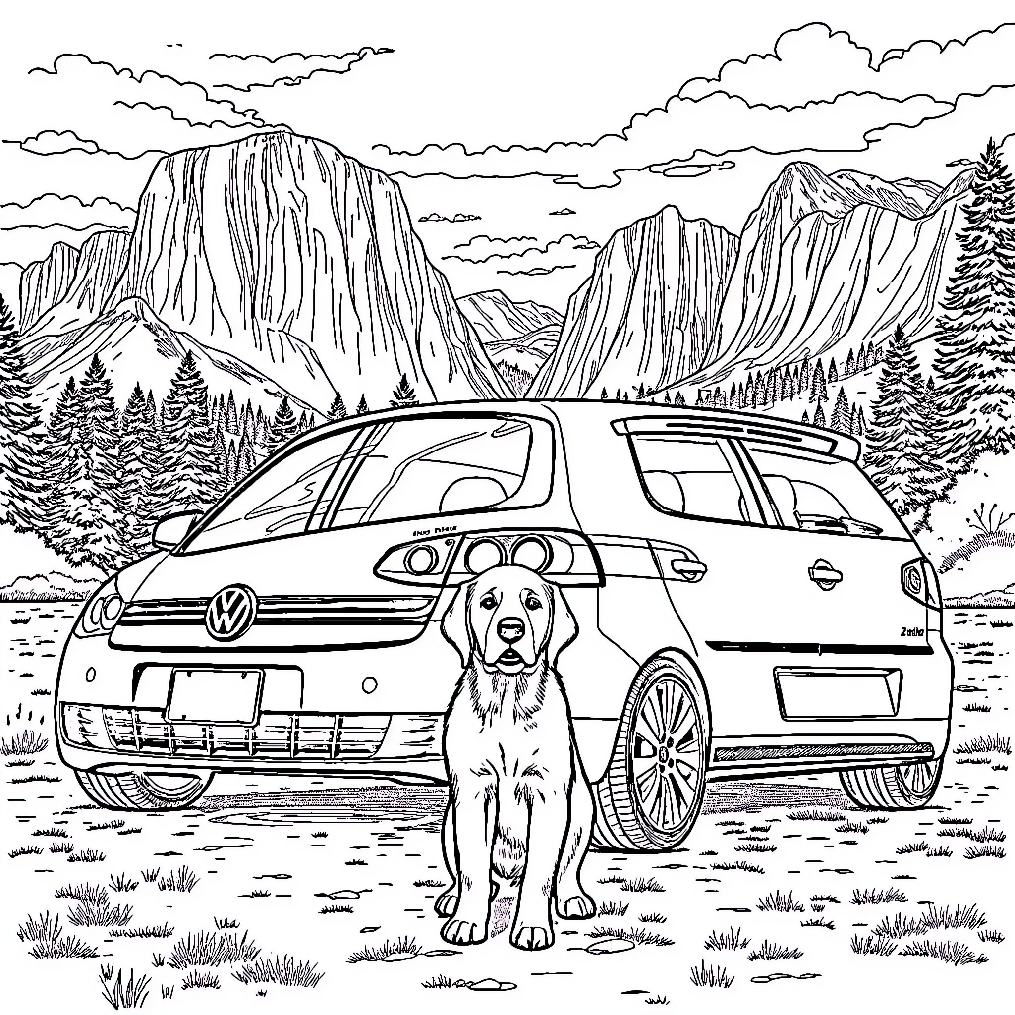 Golf Car Parked in Scenic Mountain Landscape Coloring Page (free black-and-white line drawing printable PDF for all, from beginners to advanced learners, including children, teens, adults, and seniors)