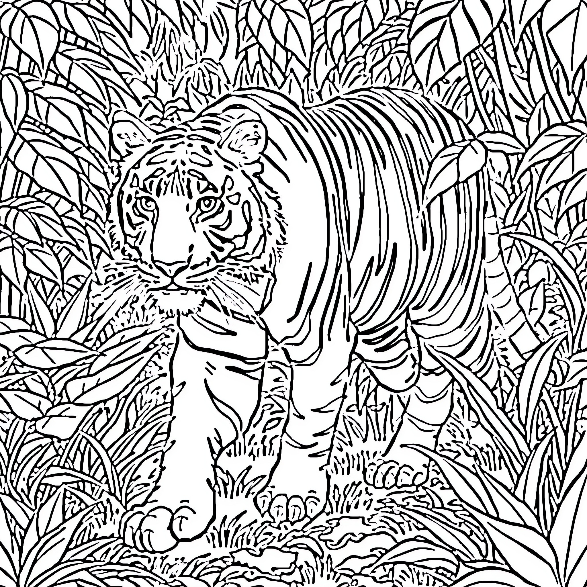 Tiger Peeking Through Lush Jungle Foliage Coloring Page (free black-and-white line drawing printable PDF for all, from beginners to advanced learners, including children, teens, adults, and seniors)