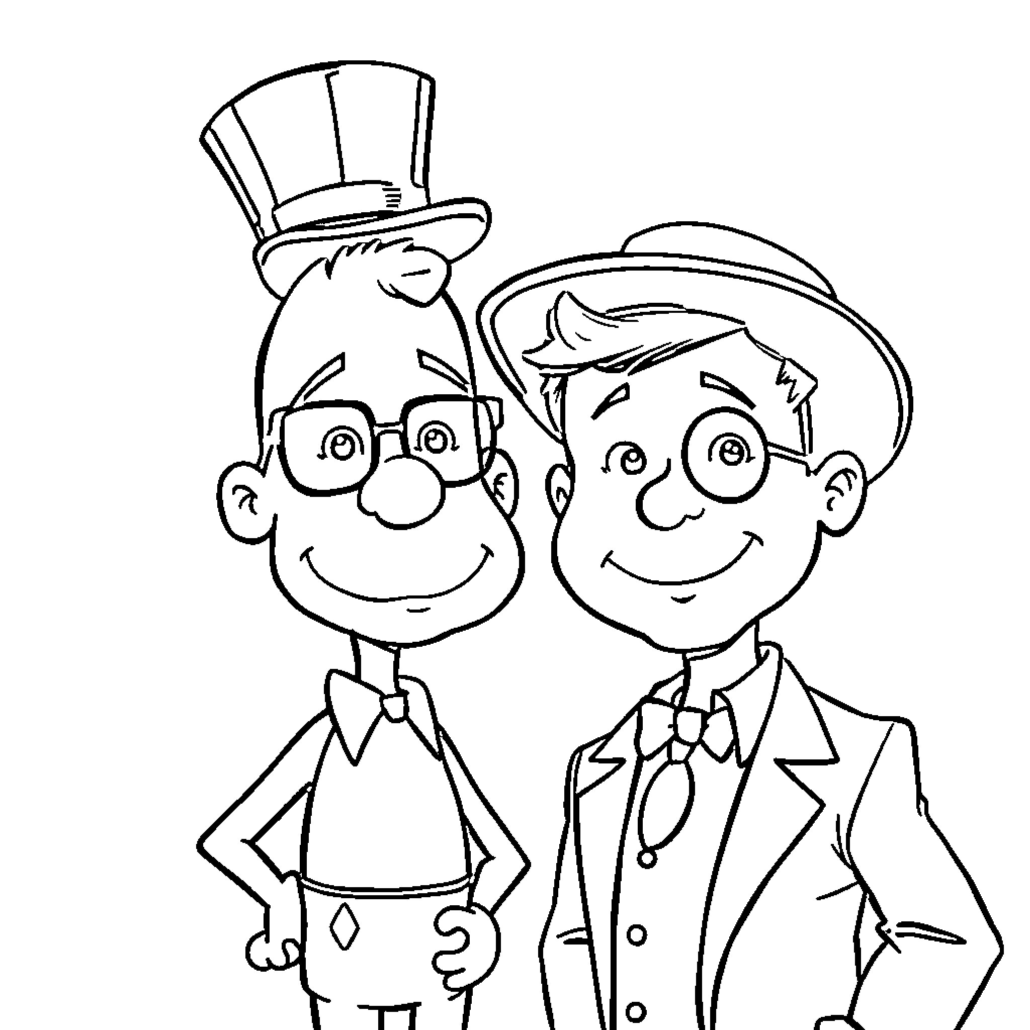 Zack Bagans and his companion in formal attire Coloring Page (free black-and-white line drawing printable PDF for all, from beginners to advanced learners, including children, teens, adults, and seniors)