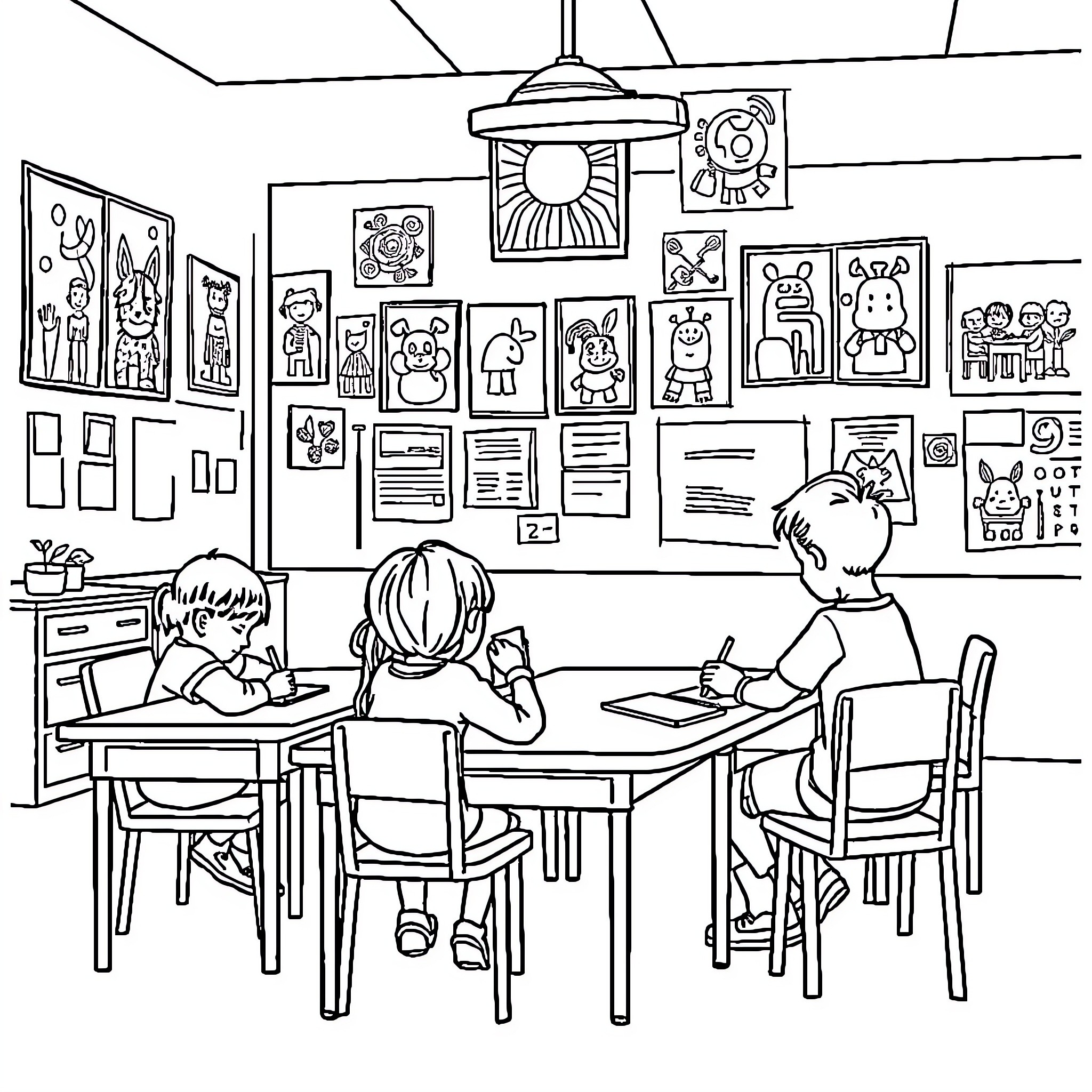 Child studying together in classroom with artwork Coloring Page (free black-and-white line drawing printable PDF for all, from beginners to advanced learners, including children, teens, adults, and seniors)
