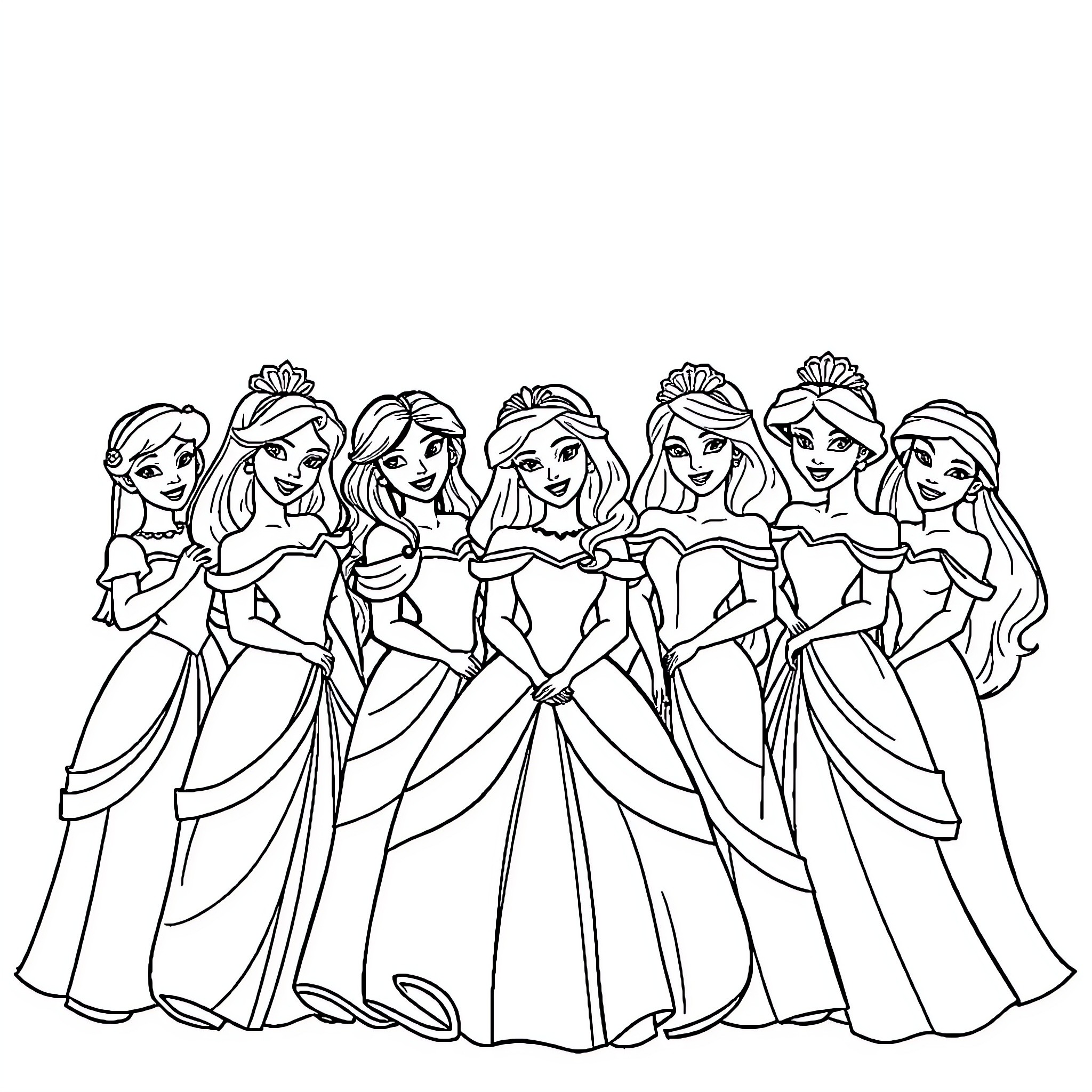 Disney Princesses Gathered in Elegant Dresses Coloring Page (free black-and-white line drawing printable PDF for all, from beginners to advanced learners, including children, teens, adults, and seniors)