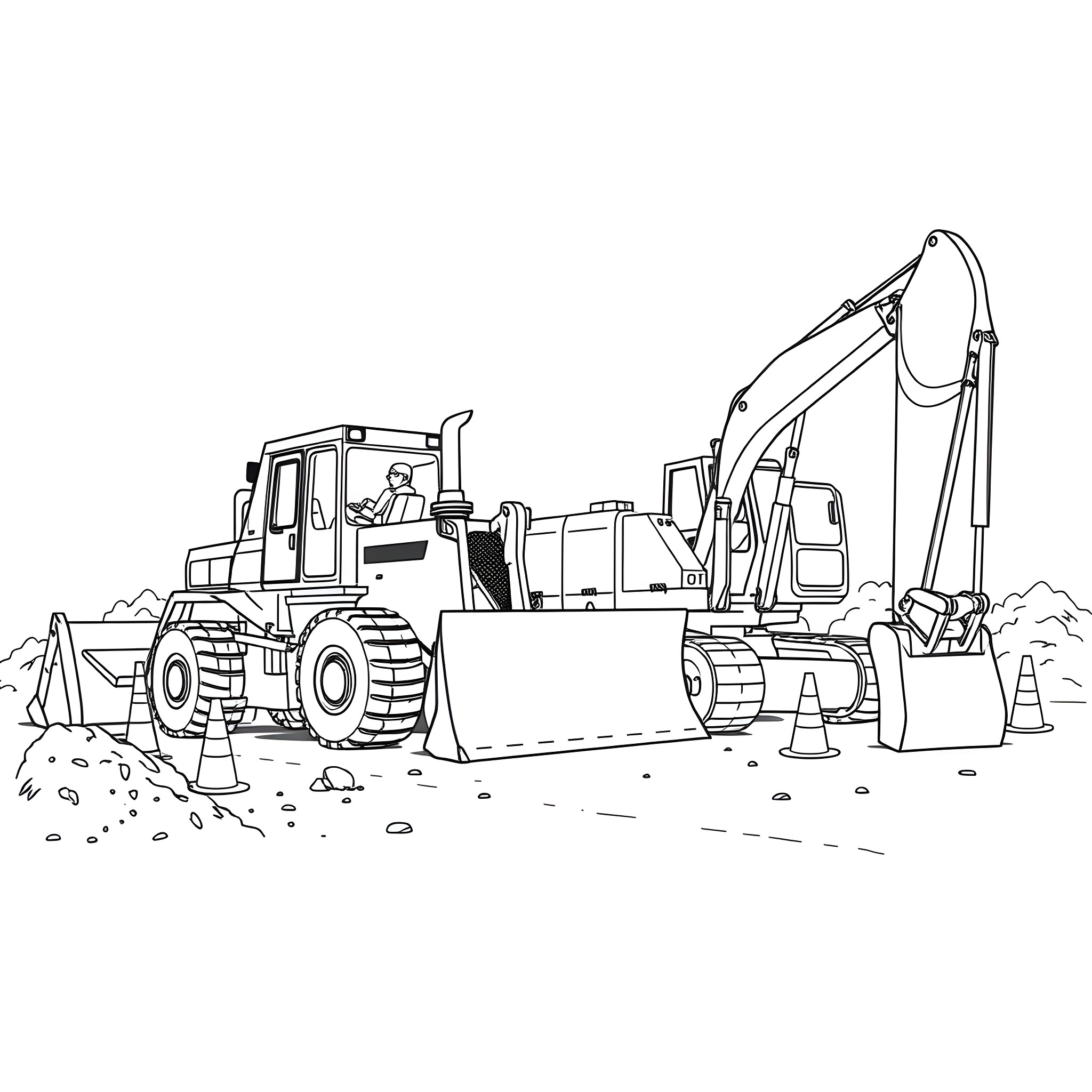Bulldozer and excavator working on construction site Coloring Page (free black-and-white line drawing printable PDF for all, from beginners to advanced learners, including children, teens, adults, and seniors)