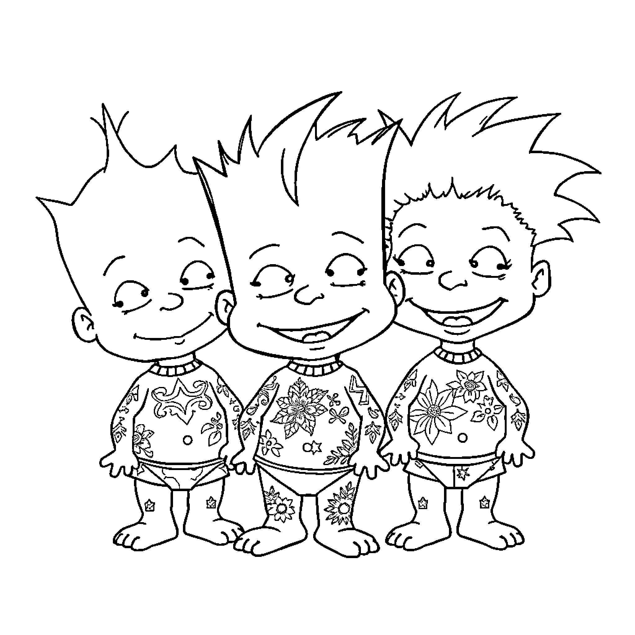 Rugrats Trio Cheerfully Together Coloring Page (free black-and-white line drawing printable PDF for all, from beginners to advanced learners, including children, teens, adults, and seniors)