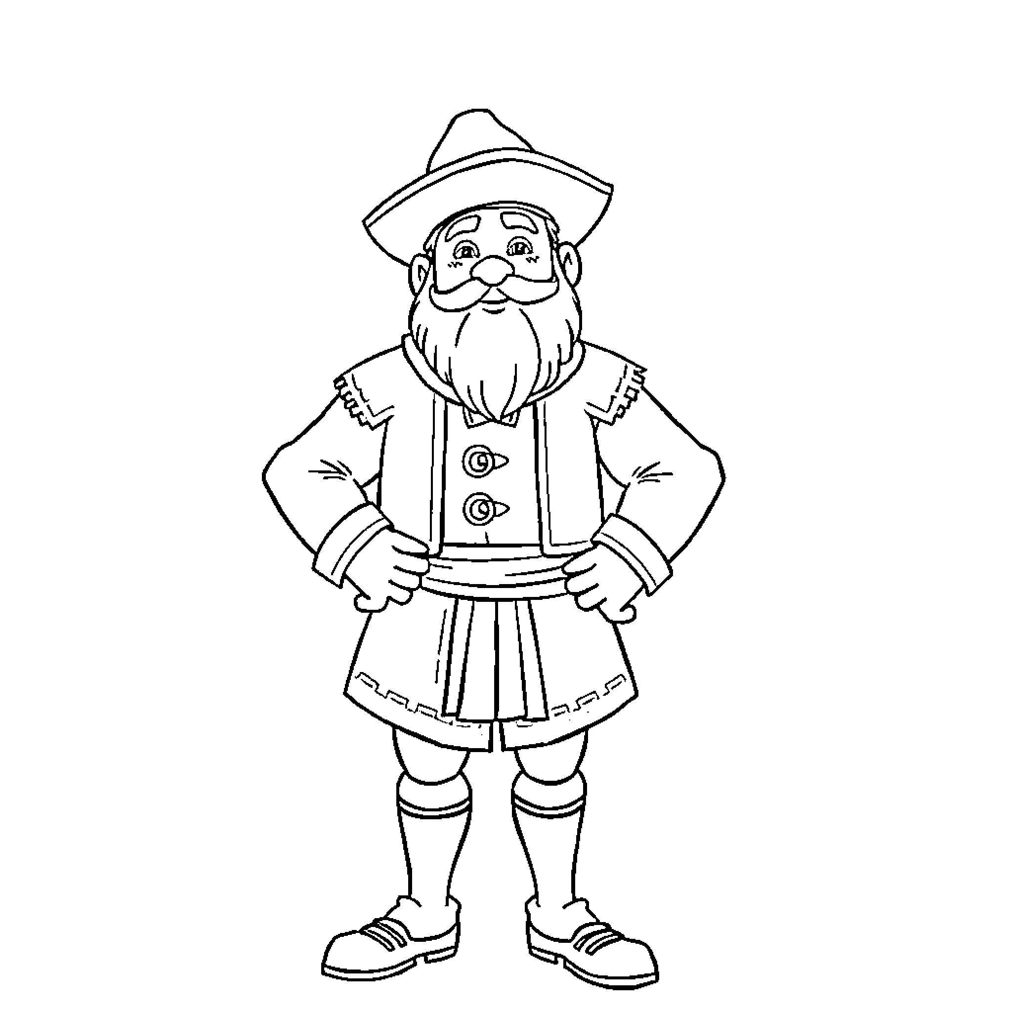 Hermann the Joyful Gnome in Traditional Attire Coloring Page (free black-and-white line drawing printable PDF for all, from beginners to advanced learners, including children, teens, adults, and seniors)