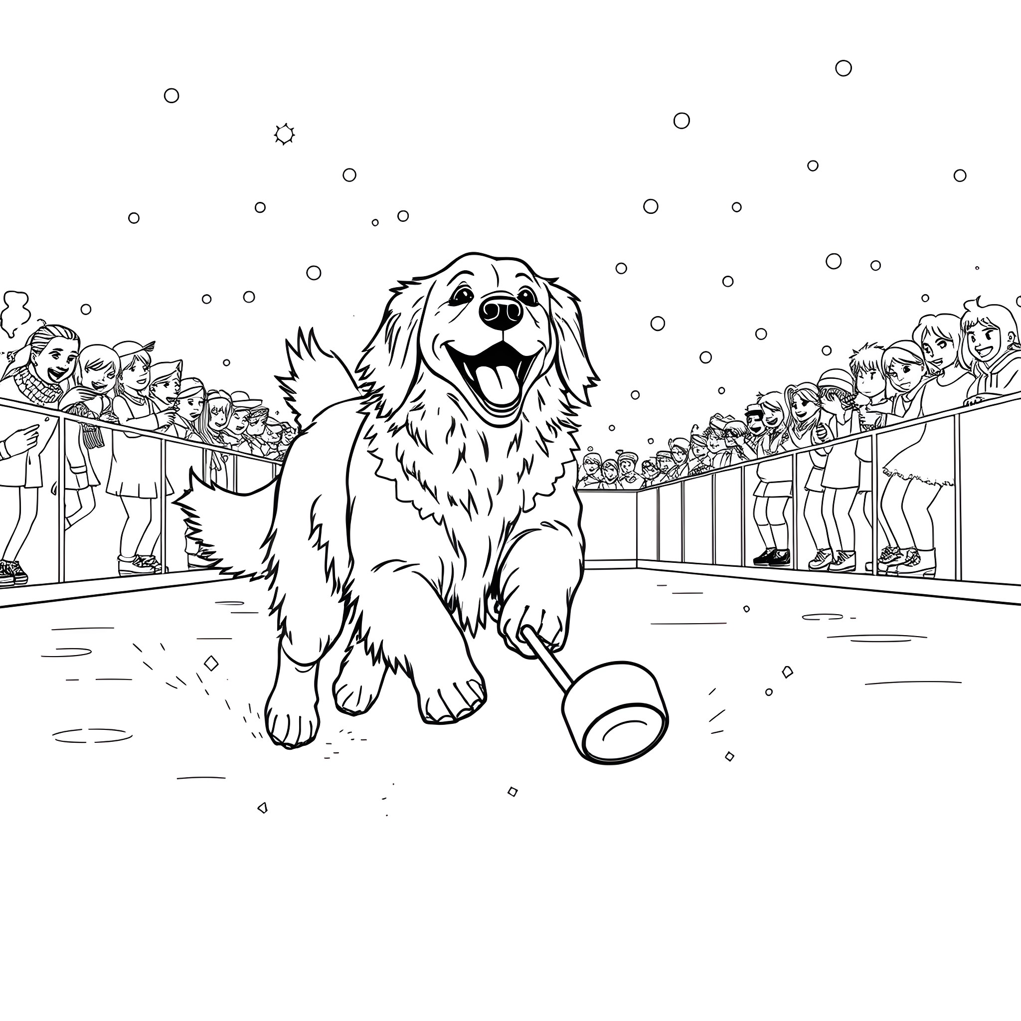 Golden Retriever playing fetch at the dog park Coloring Page (free black-and-white line drawing printable PDF for all, from beginners to advanced learners, including children, teens, adults, and seniors)