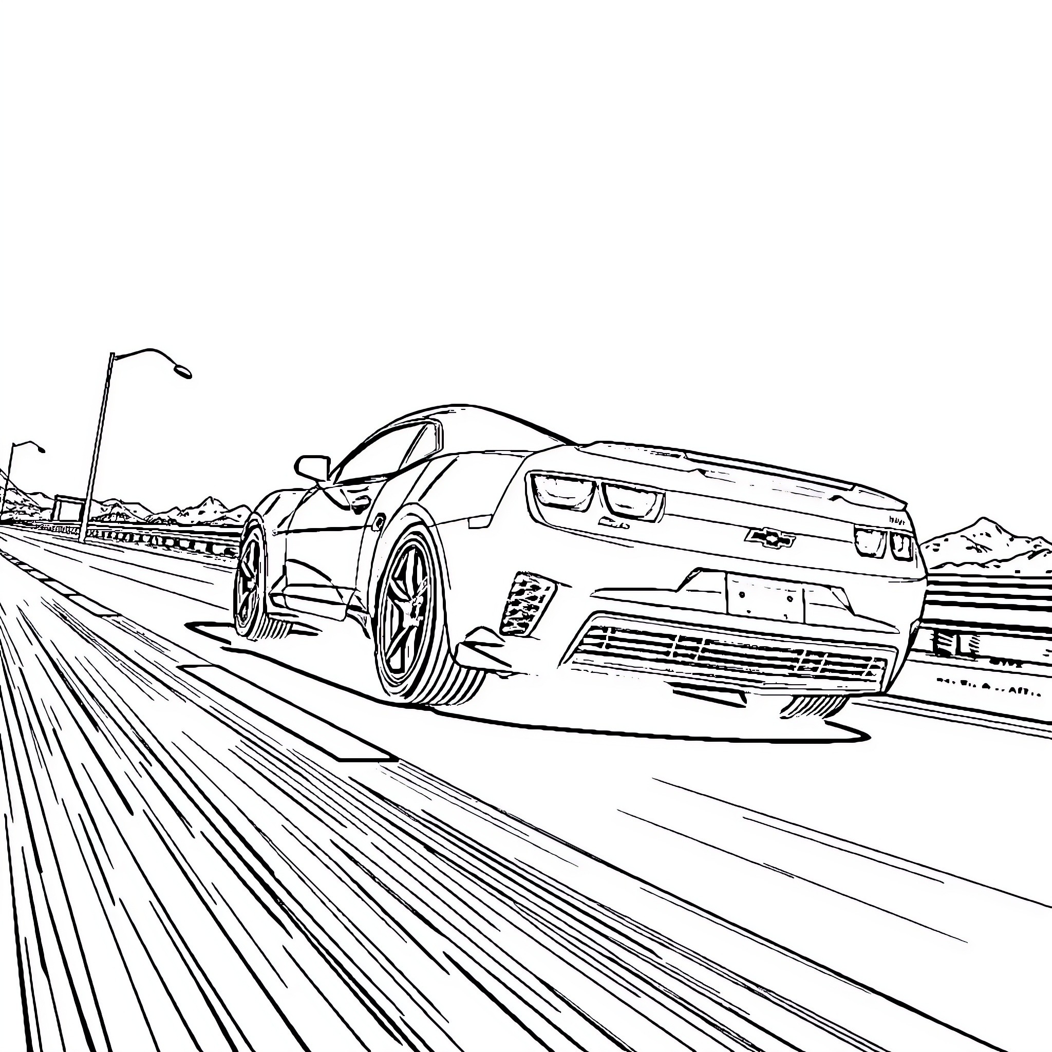 Chevy Camaro speeding on the open road Coloring Page (free black-and-white line drawing printable PDF for all, from beginners to advanced learners, including children, teens, adults, and seniors)