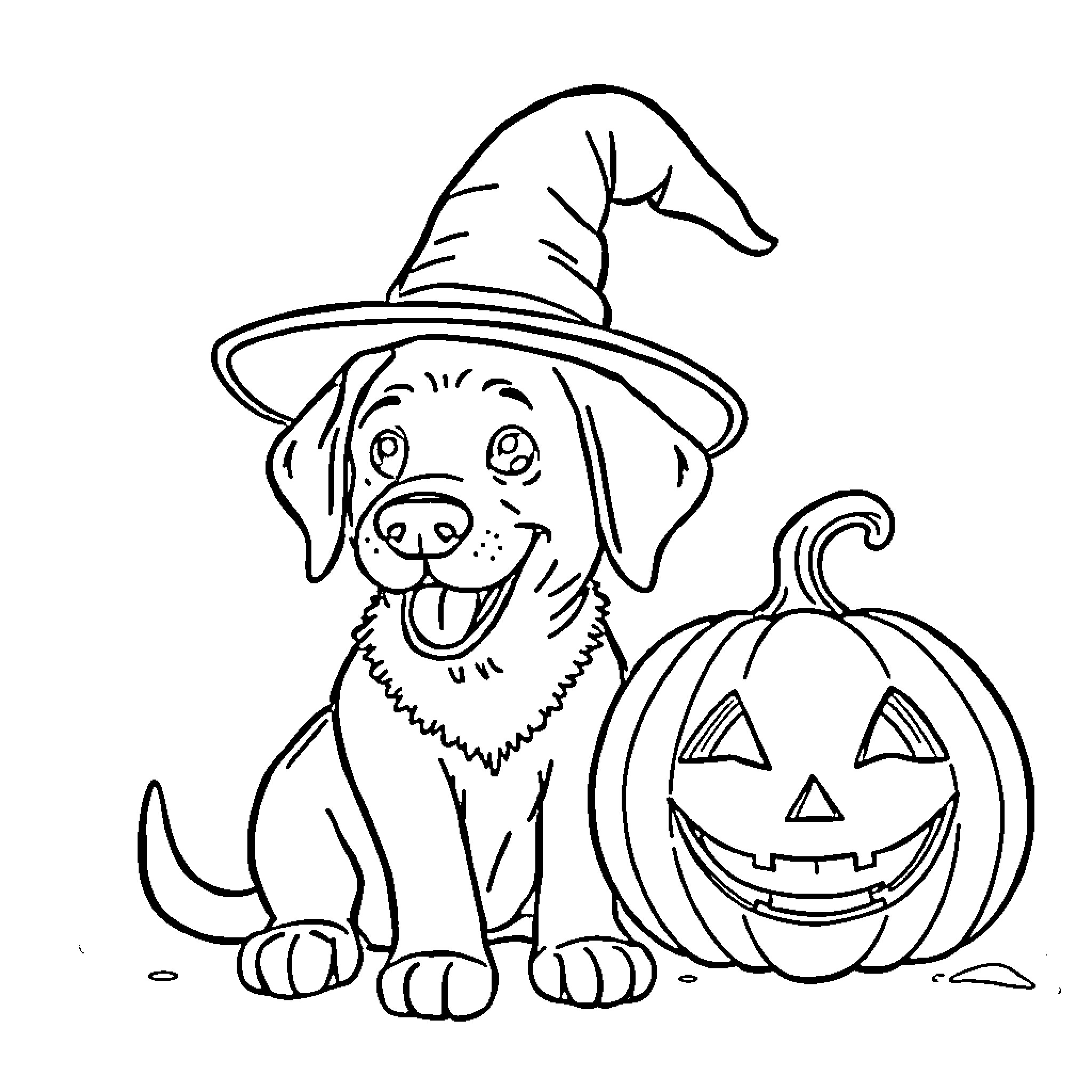Labrador pup in Halloween costume with pumpkin Coloring Page (free black-and-white line drawing printable PDF for all, from beginners to advanced learners, including children, teens, adults, and seniors)
