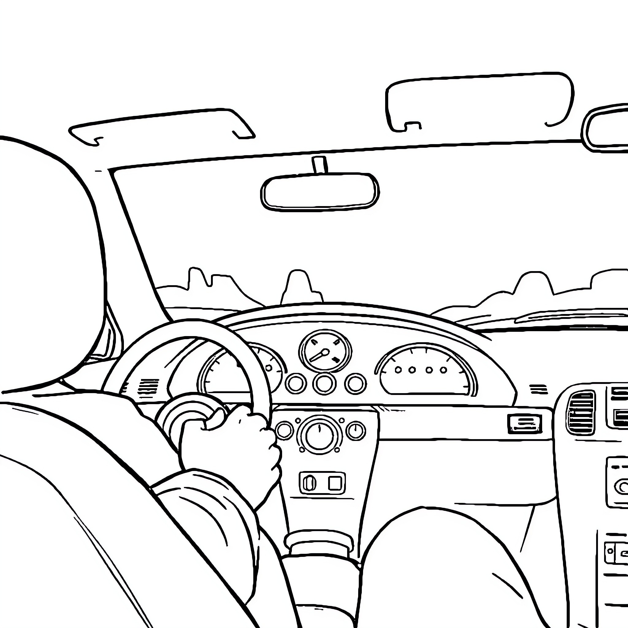 Car Driving Through Mountainous Landscape Coloring Page (free black-and-white line drawing printable PDF for all, from beginners to advanced learners, including children, teens, adults, and seniors)