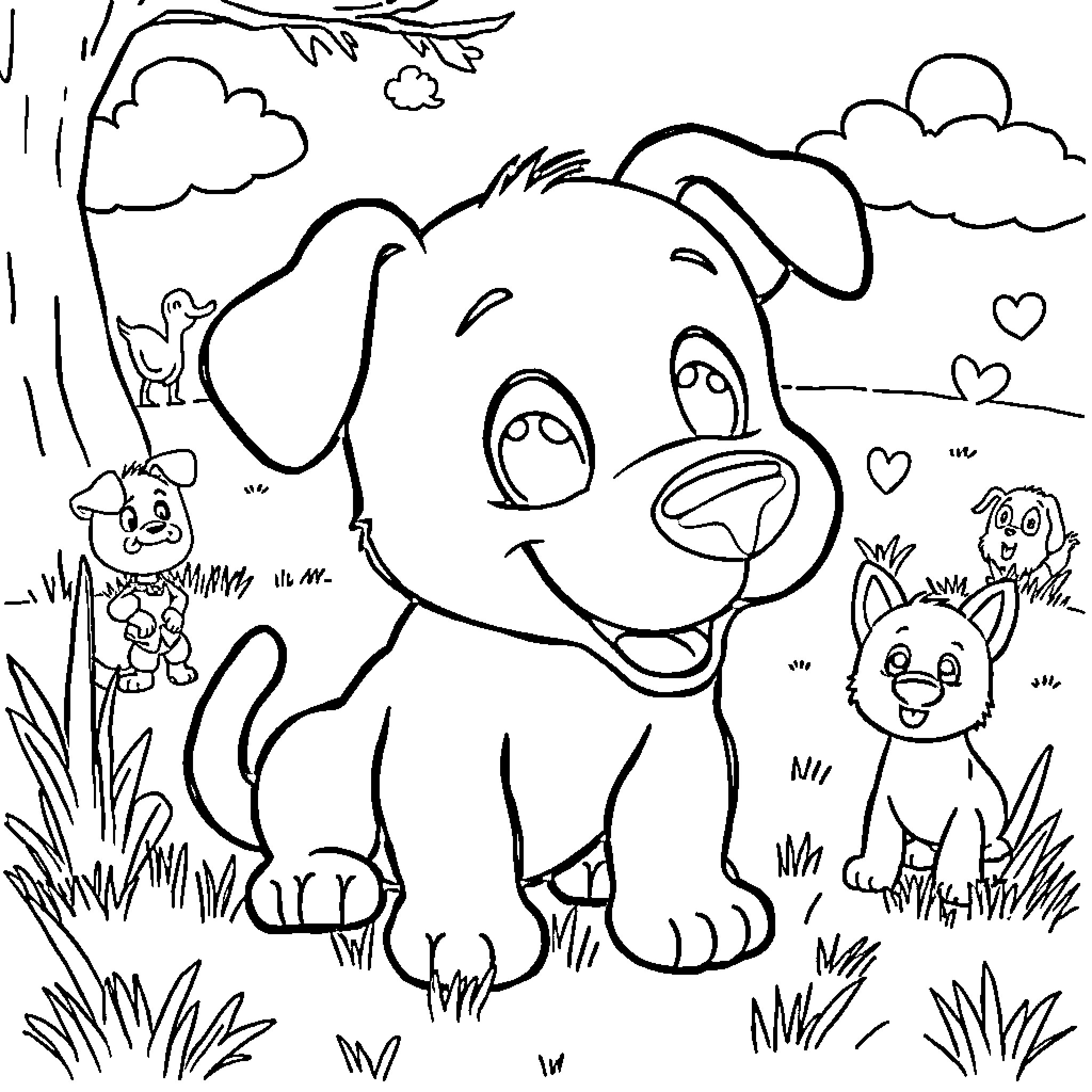 Bluey and Friends Enjoying the Outdoors Coloring Page (free black-and-white line drawing printable PDF for all, from beginners to advanced learners, including children, teens, adults, and seniors)