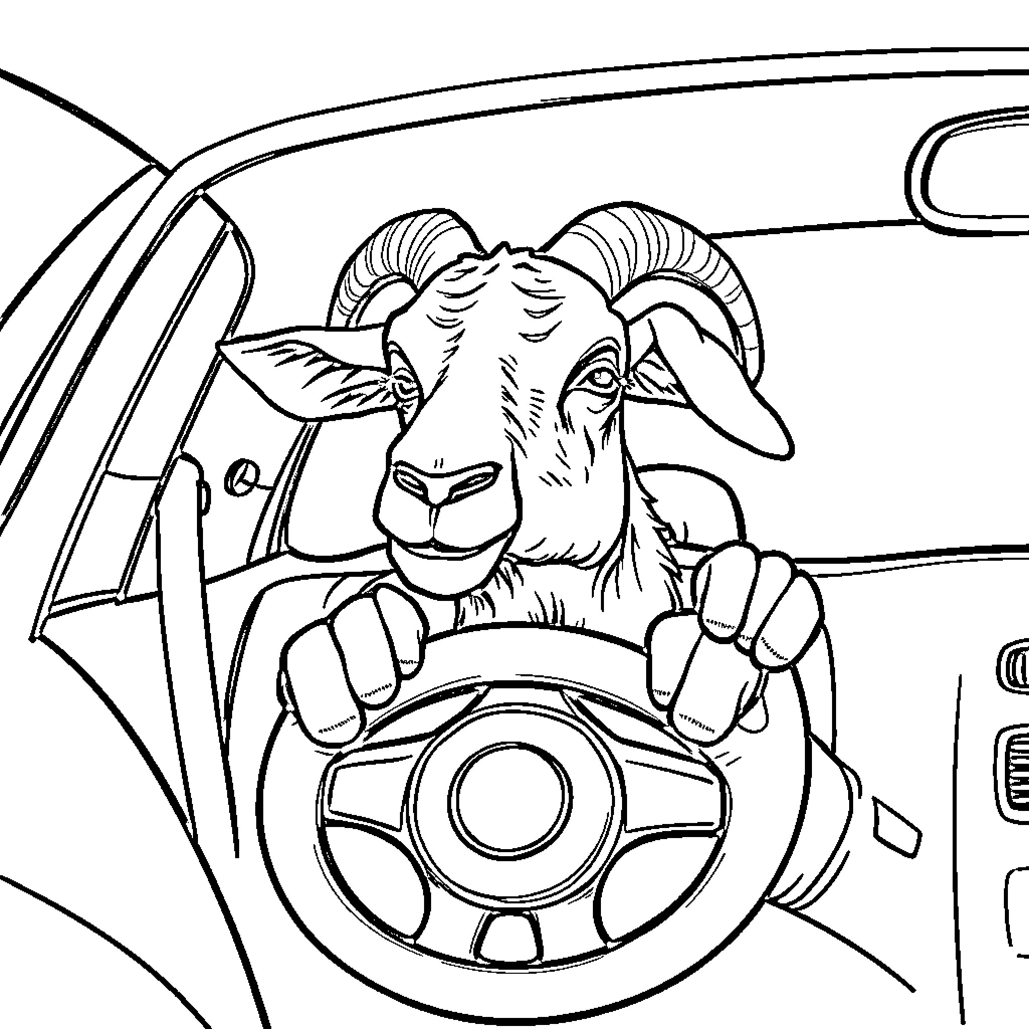 Goat driving a car with a steering wheel Coloring Page (free black-and-white line drawing printable PDF for all, from beginners to advanced learners, including children, teens, adults, and seniors)
