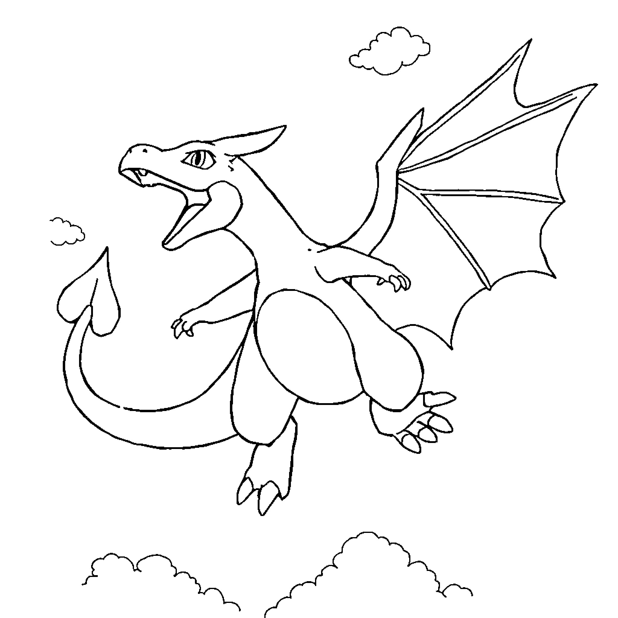 Charmander the Dragon Soaring in the Sky Coloring Page (free black-and-white line drawing printable PDF for all, from beginners to advanced learners, including children, teens, adults, and seniors)