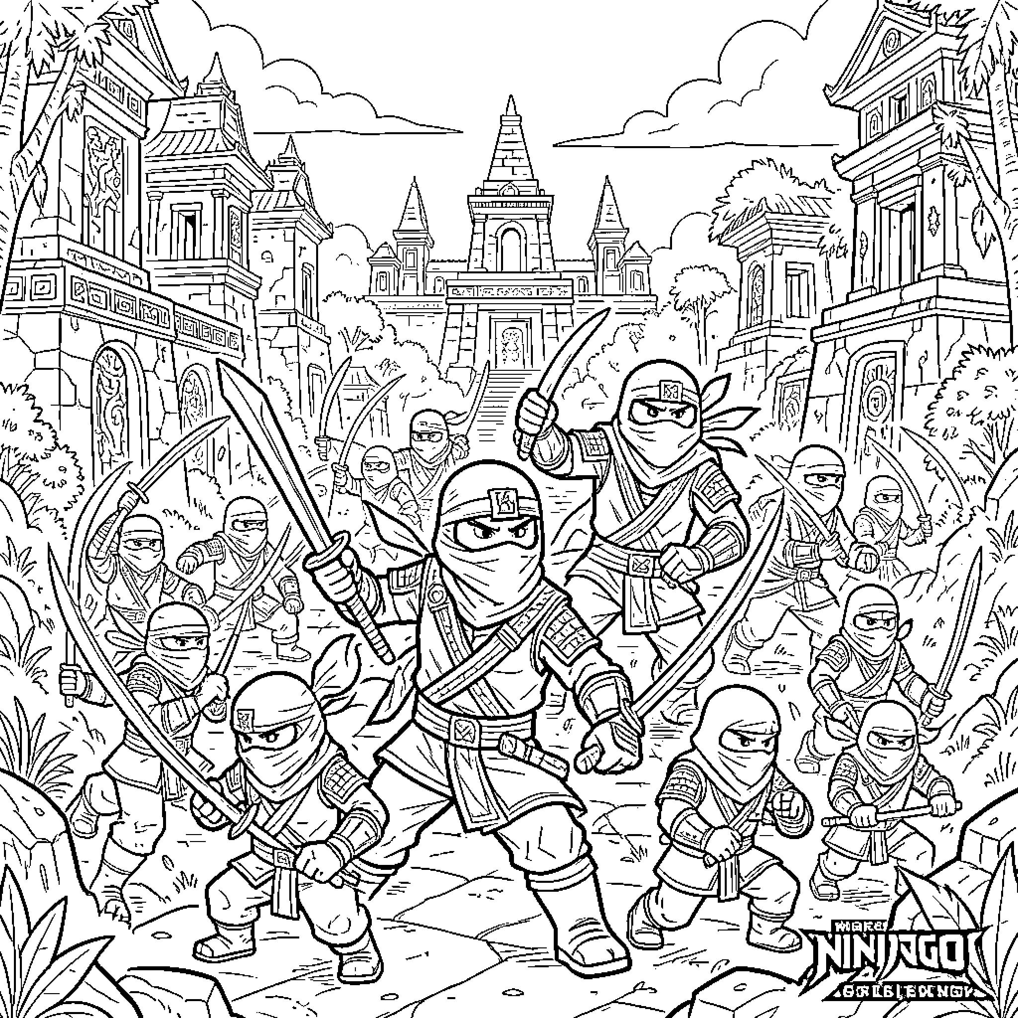 Ninjago warriors wielding swords in an ancient temple ruins Coloring Page (free black-and-white line drawing printable PDF for all, from beginners to advanced learners, including children, teens, adults, and seniors)