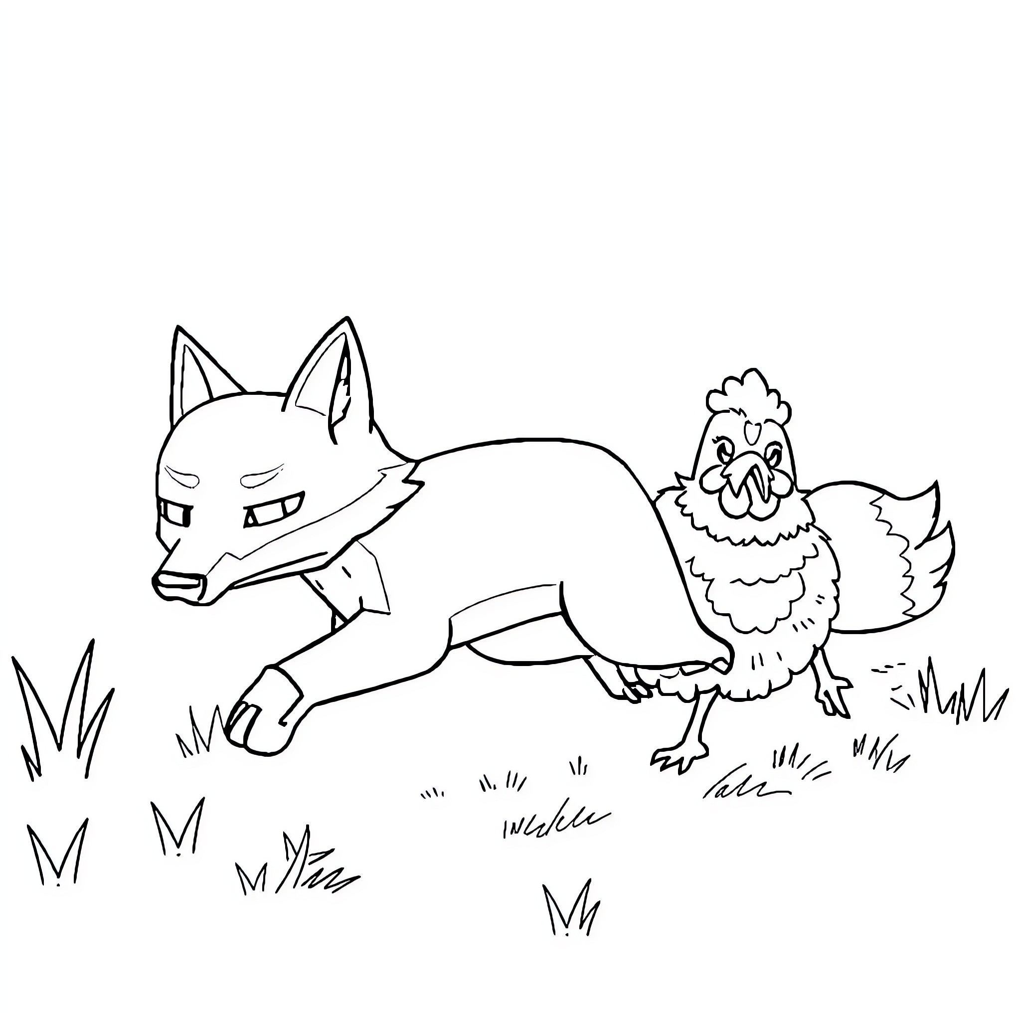 Fox chasing a rooster in the field Coloring Page (free black-and-white line drawing printable PDF for all, from beginners to advanced learners, including children, teens, adults, and seniors)
