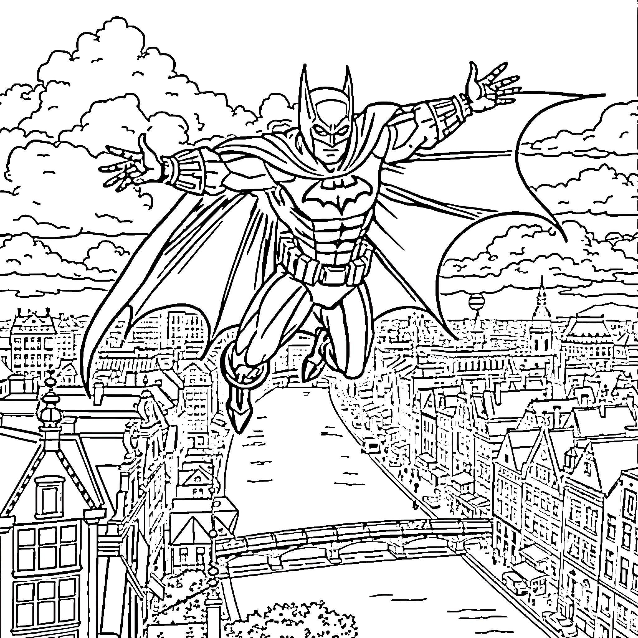 Badman Soaring Over Cityscape with Outstretched Arms Coloring Page (free black-and-white line drawing printable PDF for all, from beginners to advanced learners, including children, teens, adults, and seniors)