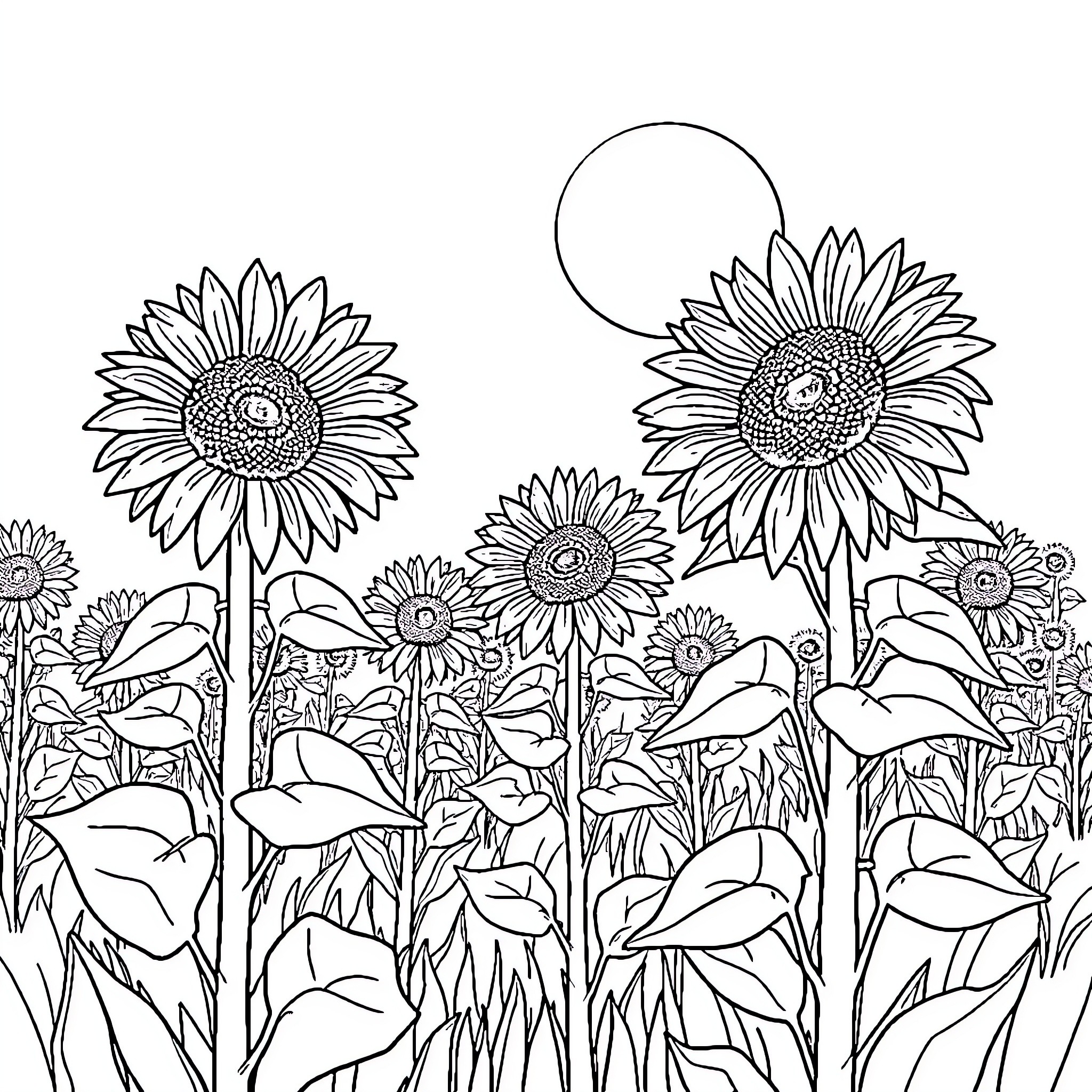 Sunflower field with whimsical details Coloring Page (free black-and-white line drawing printable PDF for all, from beginners to advanced learners, including children, teens, adults, and seniors)