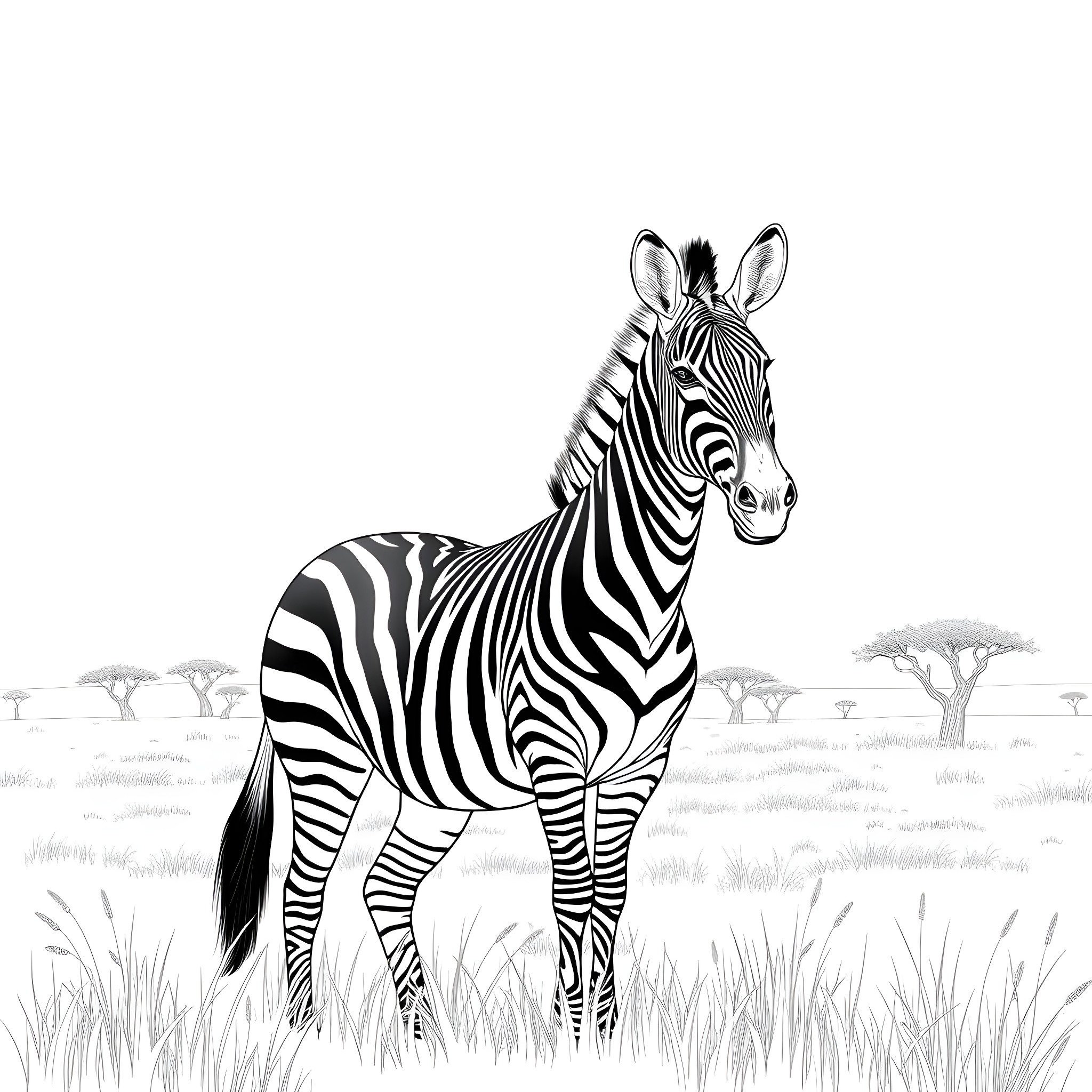 Zebra standing amid savanna vegetation Coloring Page (free black-and-white line drawing printable PDF for all, from beginners to advanced learners, including children, teens, adults, and seniors)