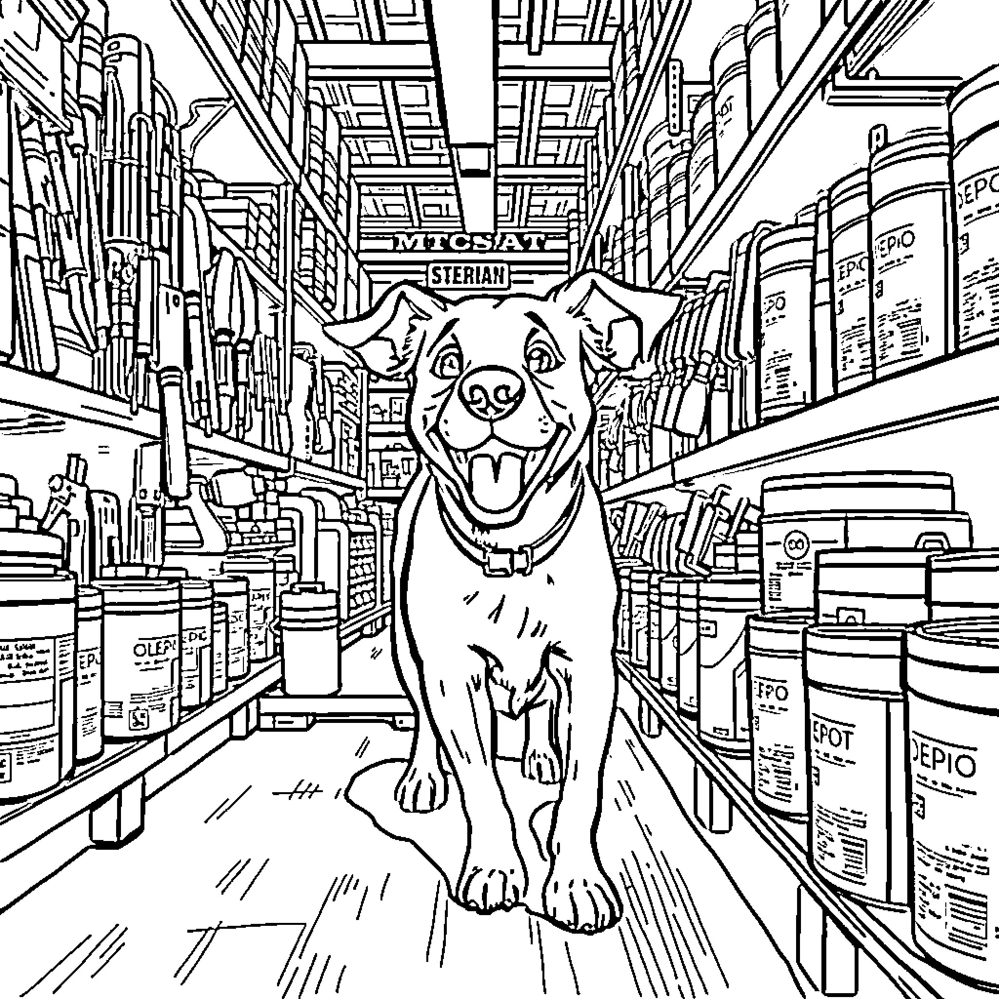 Dog exploring the supermarket aisle Coloring Page (free black-and-white line drawing printable PDF for all, from beginners to advanced learners, including children, teens, adults, and seniors)