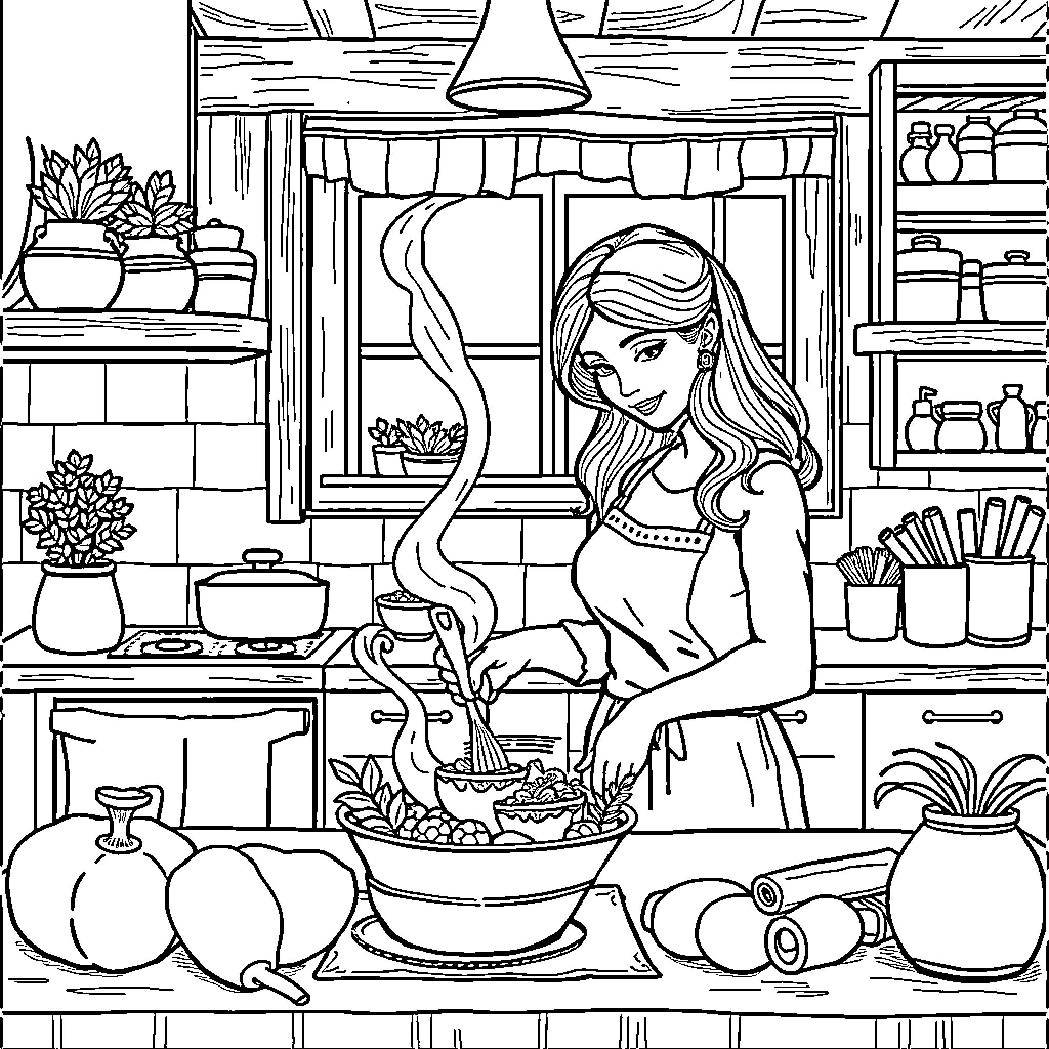 Woman cooking a meal in her kitchen Coloring Page (free black-and-white line drawing printable PDF for all, from beginners to advanced learners, including children, teens, adults, and seniors)