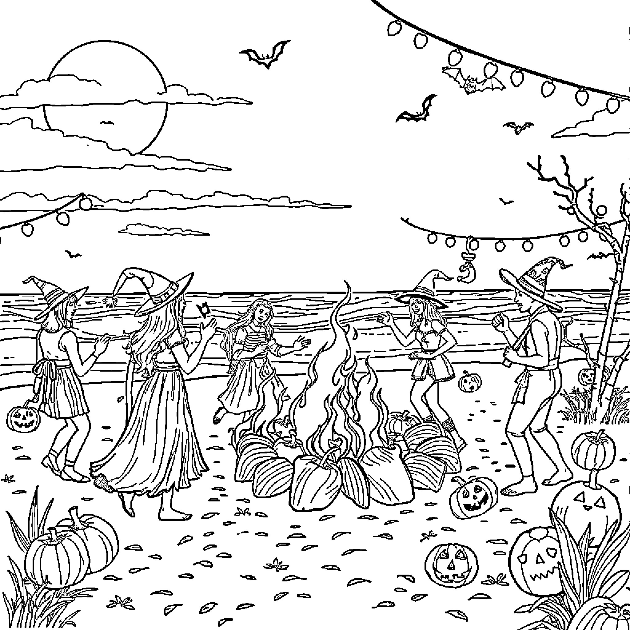 Halloween night dancing and festivities by the sea Coloring Page (free black-and-white line drawing printable PDF for all, from beginners to advanced learners, including children, teens, adults, and seniors)
