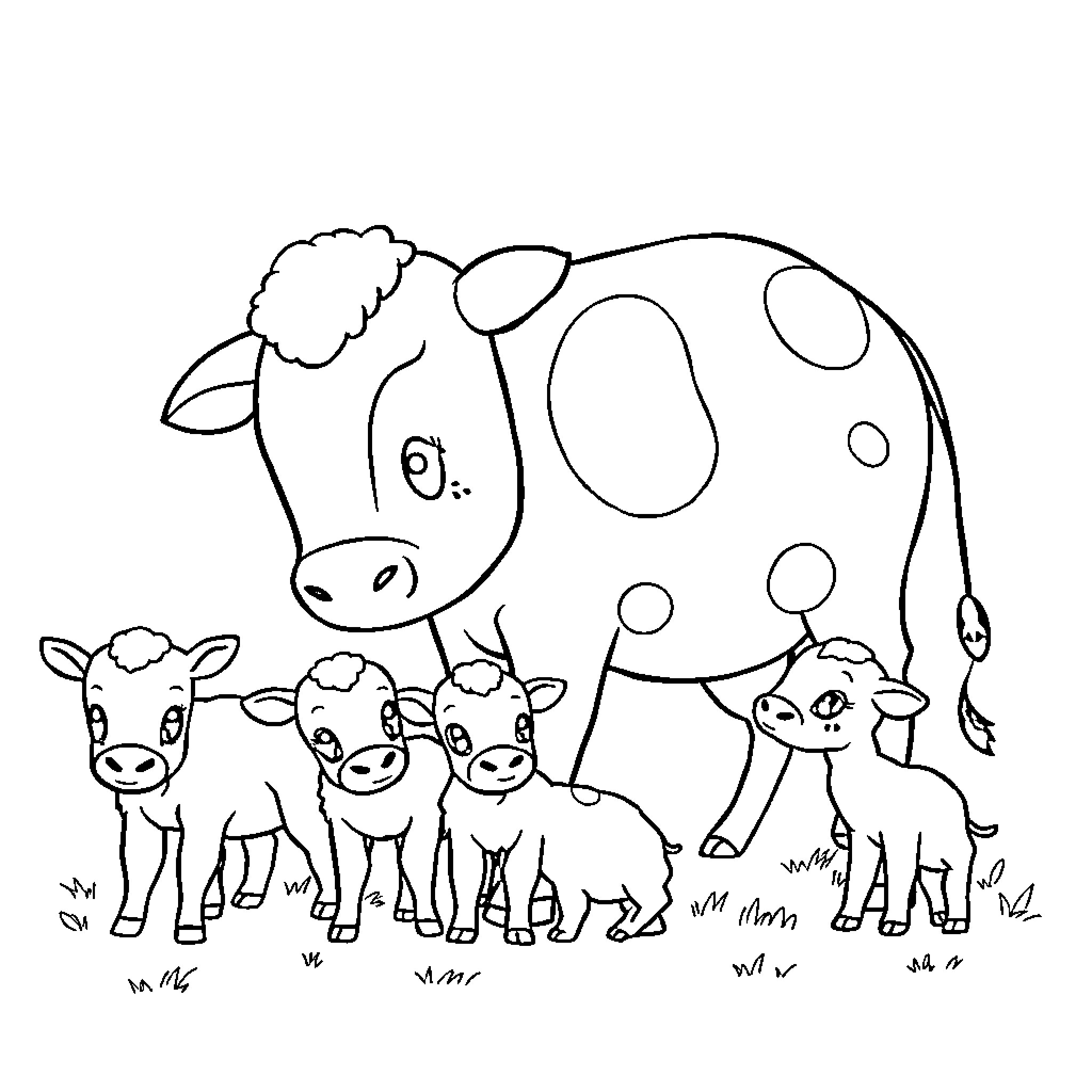 Cow and her baby calves playing outdoors Coloring Page (free black-and-white line drawing printable PDF for all, from beginners to advanced learners, including children, teens, adults, and seniors)