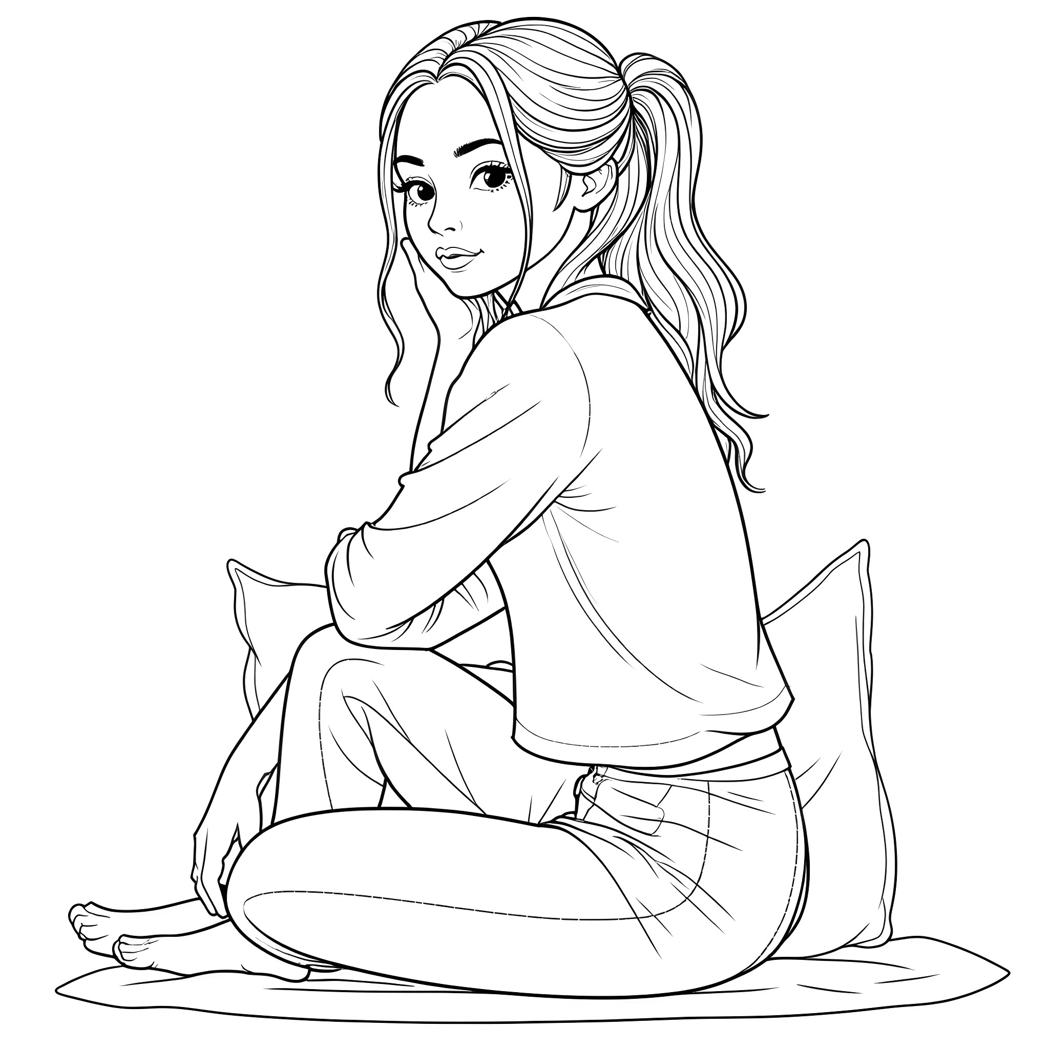 Woman sitting contemplatively on the floor Coloring Page (free black-and-white line drawing printable PDF for all, from beginners to advanced learners, including children, teens, adults, and seniors)