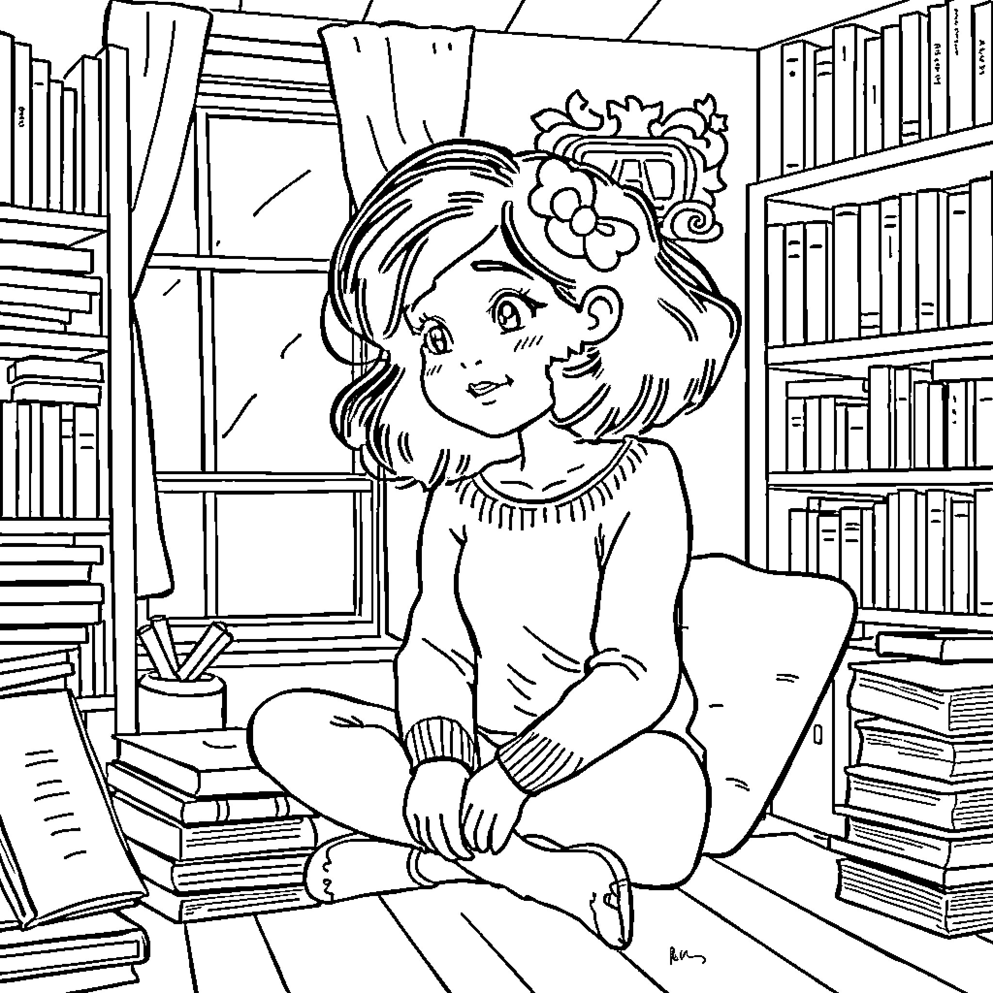 Harper reading peacefully in the library Coloring Page (free black-and-white line drawing printable PDF for all, from beginners to advanced learners, including children, teens, adults, and seniors)