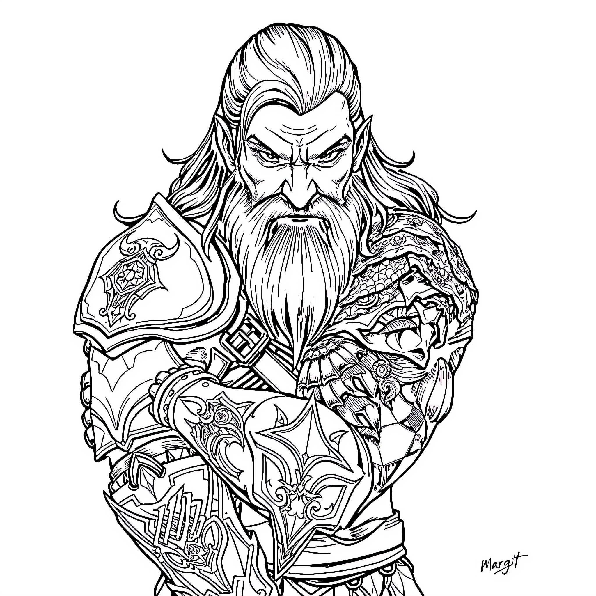 Margit, the Fearsome Warrior with Intricate Tattoos Coloring Page (free black-and-white line drawing printable PDF for all, from beginners to advanced learners, including children, teens, adults, and seniors)