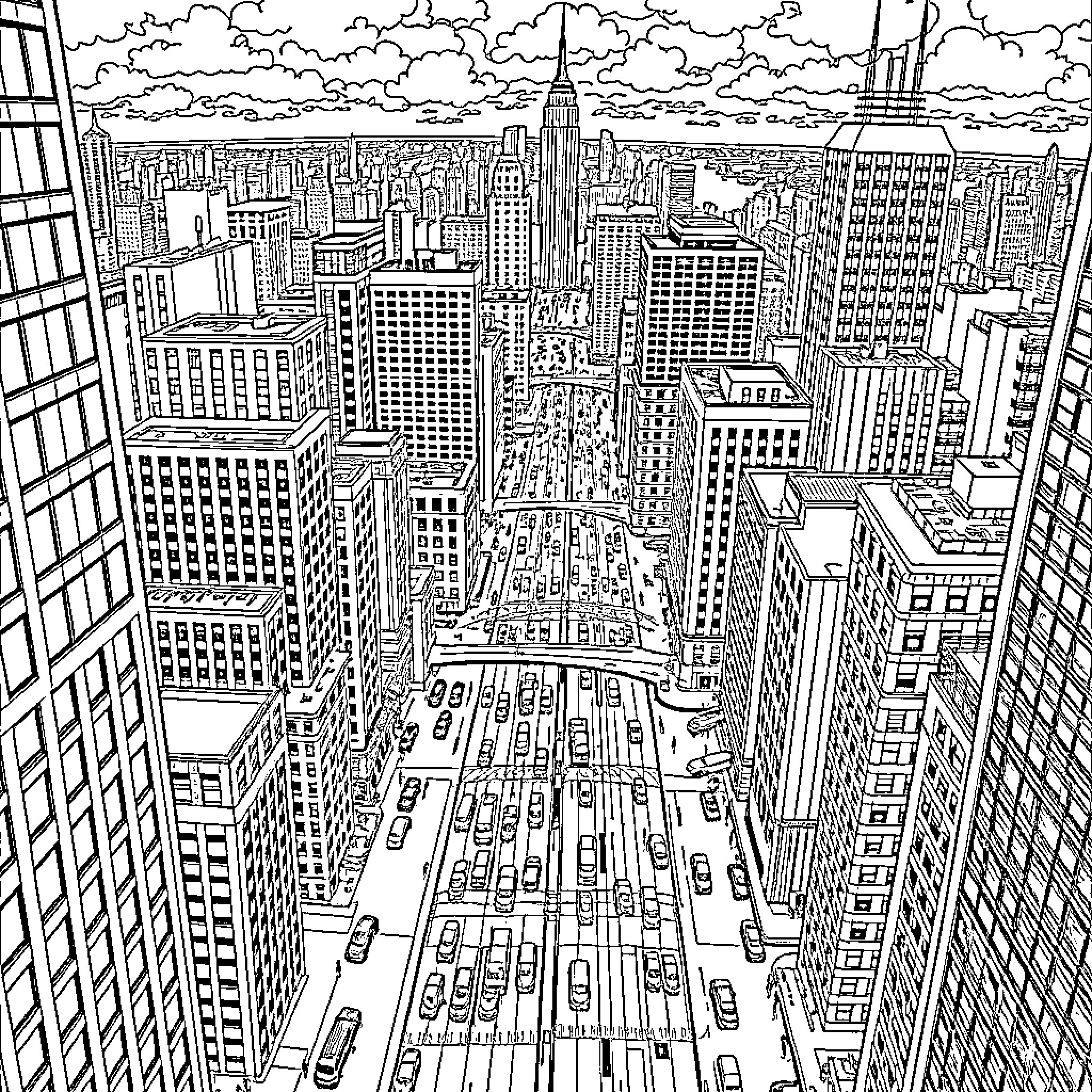 City Skyline with Bustling Streets and Towering Buildings Coloring Page (free black-and-white line drawing printable PDF for all, from beginners to advanced learners, including children, teens, adults, and seniors)