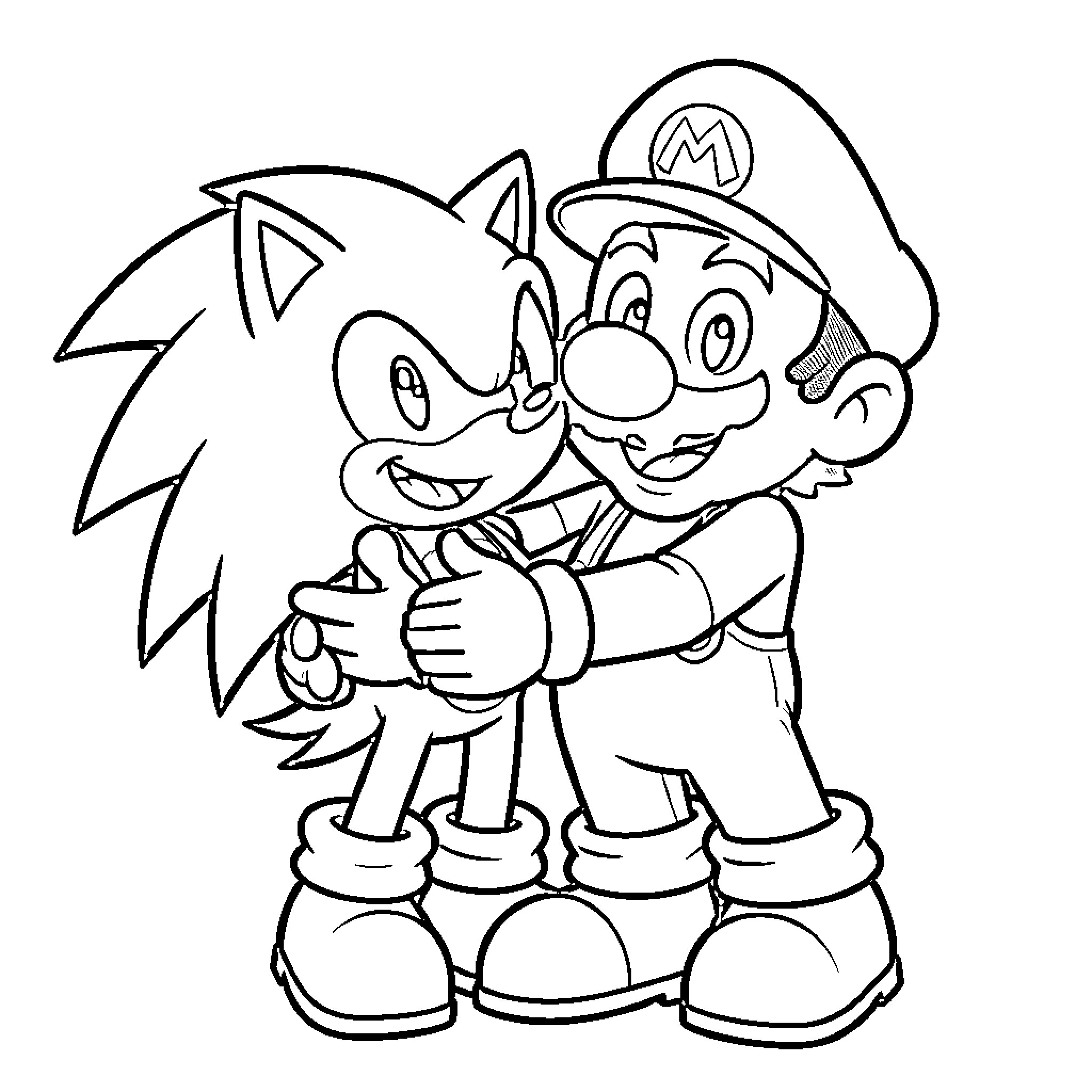 Sonic and Mario embracing in cartoon style Coloring Page (free black-and-white line drawing printable PDF for all, from beginners to advanced learners, including children, teens, adults, and seniors)