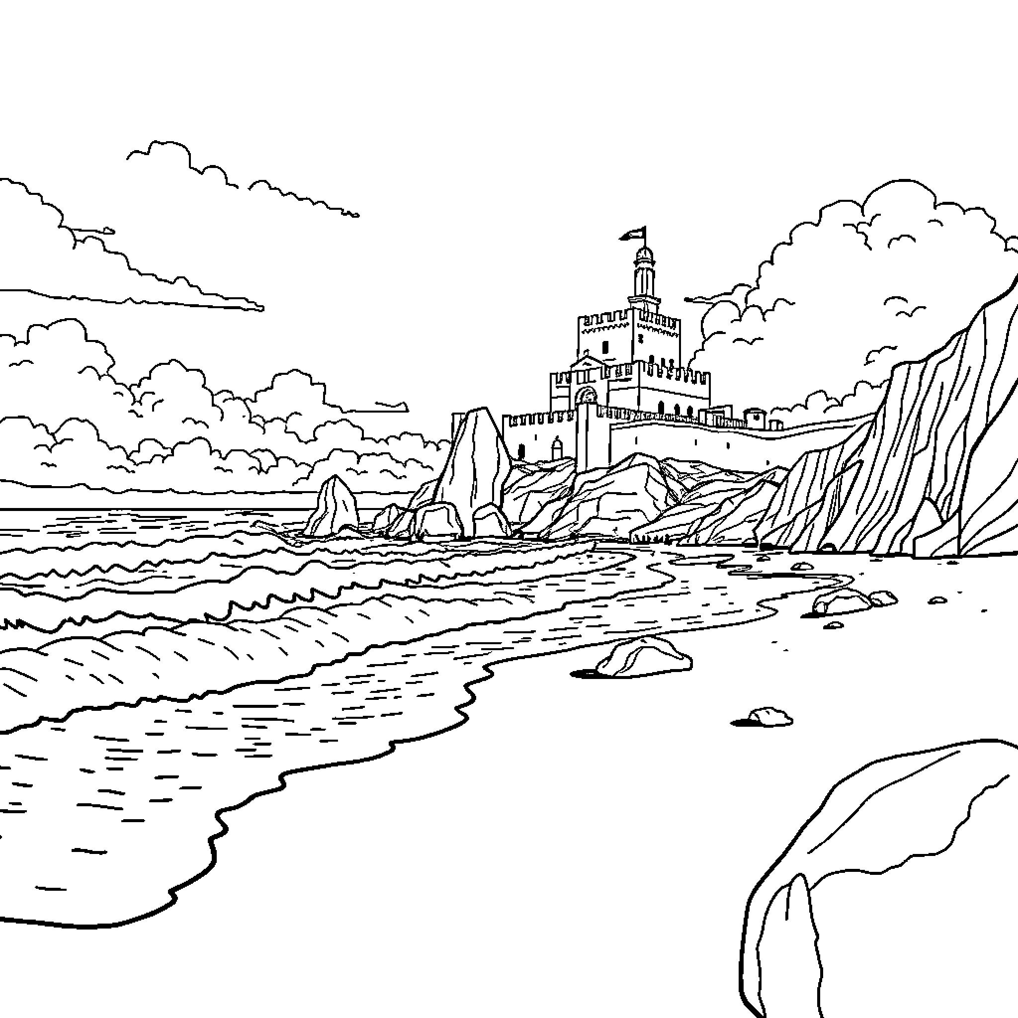 Playa with Majestic Castle and Coastal Scenery Coloring Page (free black-and-white line drawing printable PDF for all, from beginners to advanced learners, including children, teens, adults, and seniors)