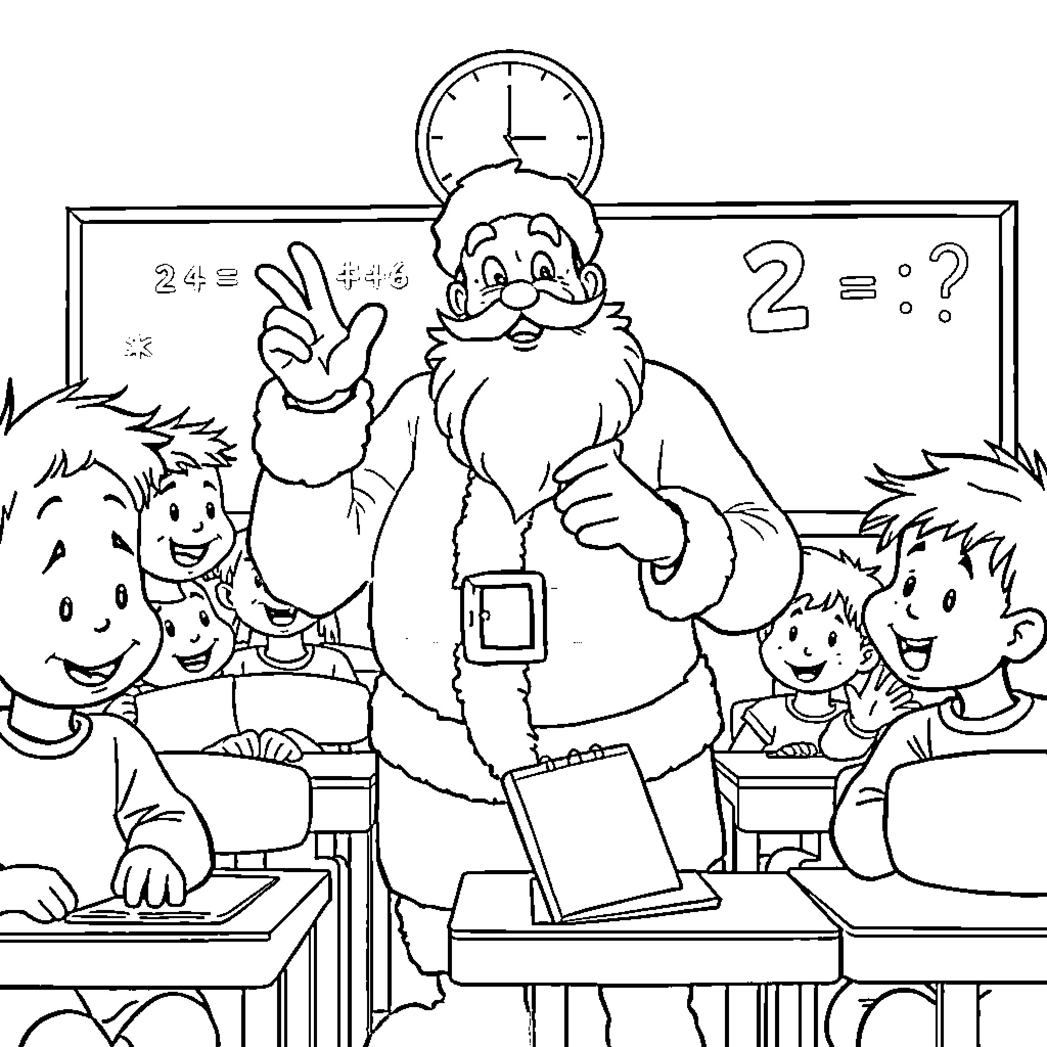 Santa Visiting Cheerful Students in the Classroom Coloring Page (free black-and-white line drawing printable PDF for all, from beginners to advanced learners, including children, teens, adults, and seniors)