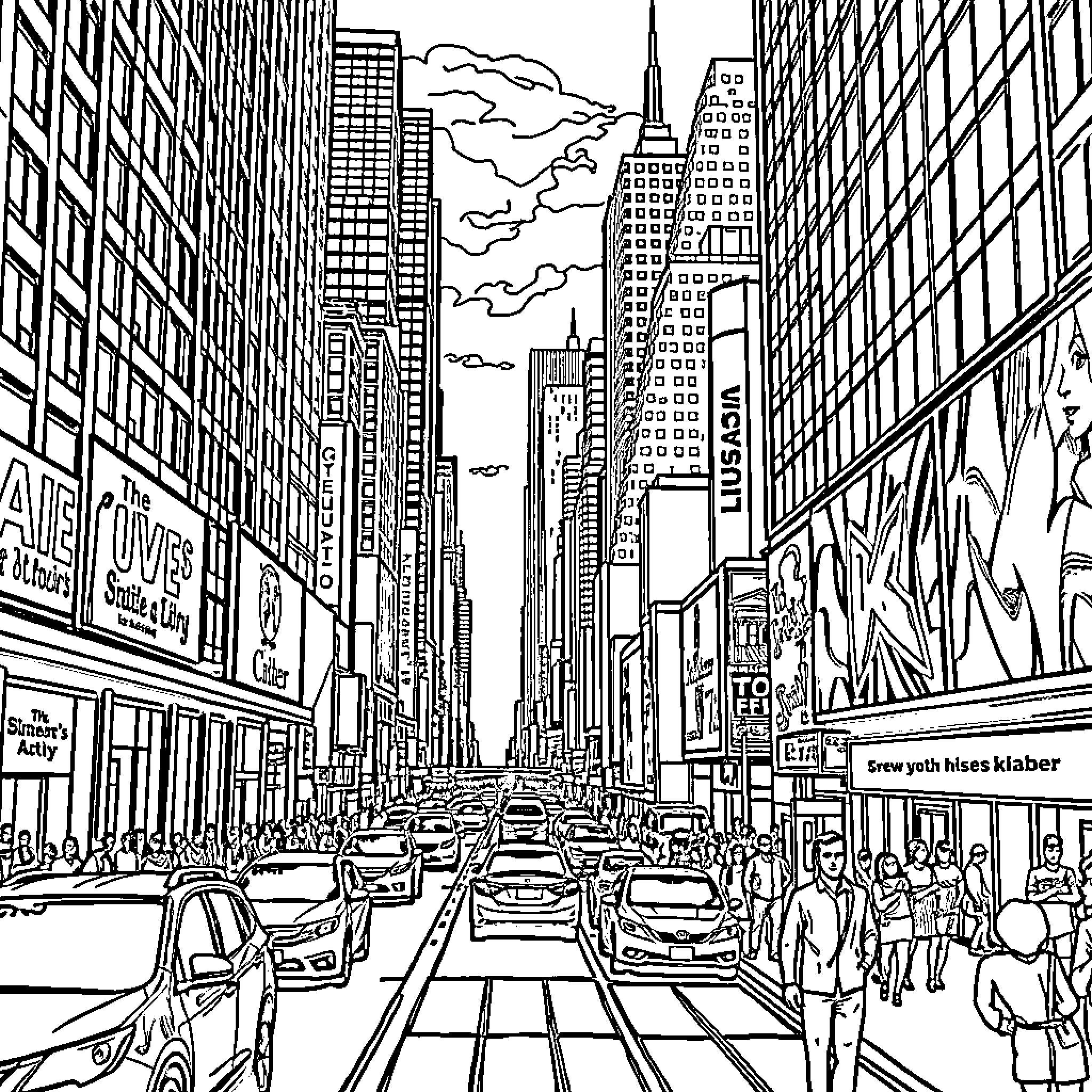 New York City Street Scene with Bustling Traffic and Pedestrians Coloring Page (free black-and-white line drawing printable PDF for all, from beginners to advanced learners, including children, teens, adults, and seniors)