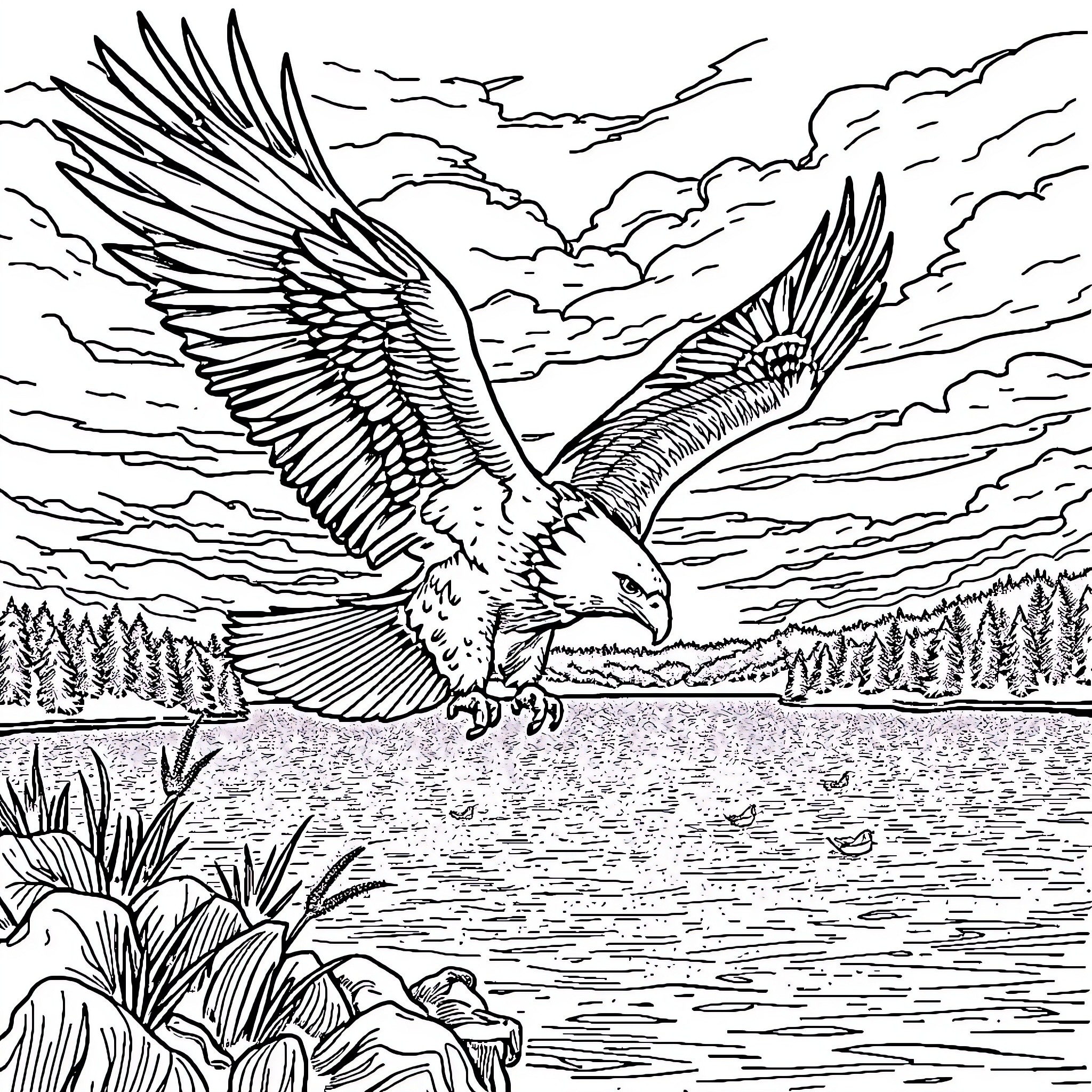 Eagle soaring majestically above the serene lake Coloring Page (free black-and-white line drawing printable PDF for all, from beginners to advanced learners, including children, teens, adults, and seniors)