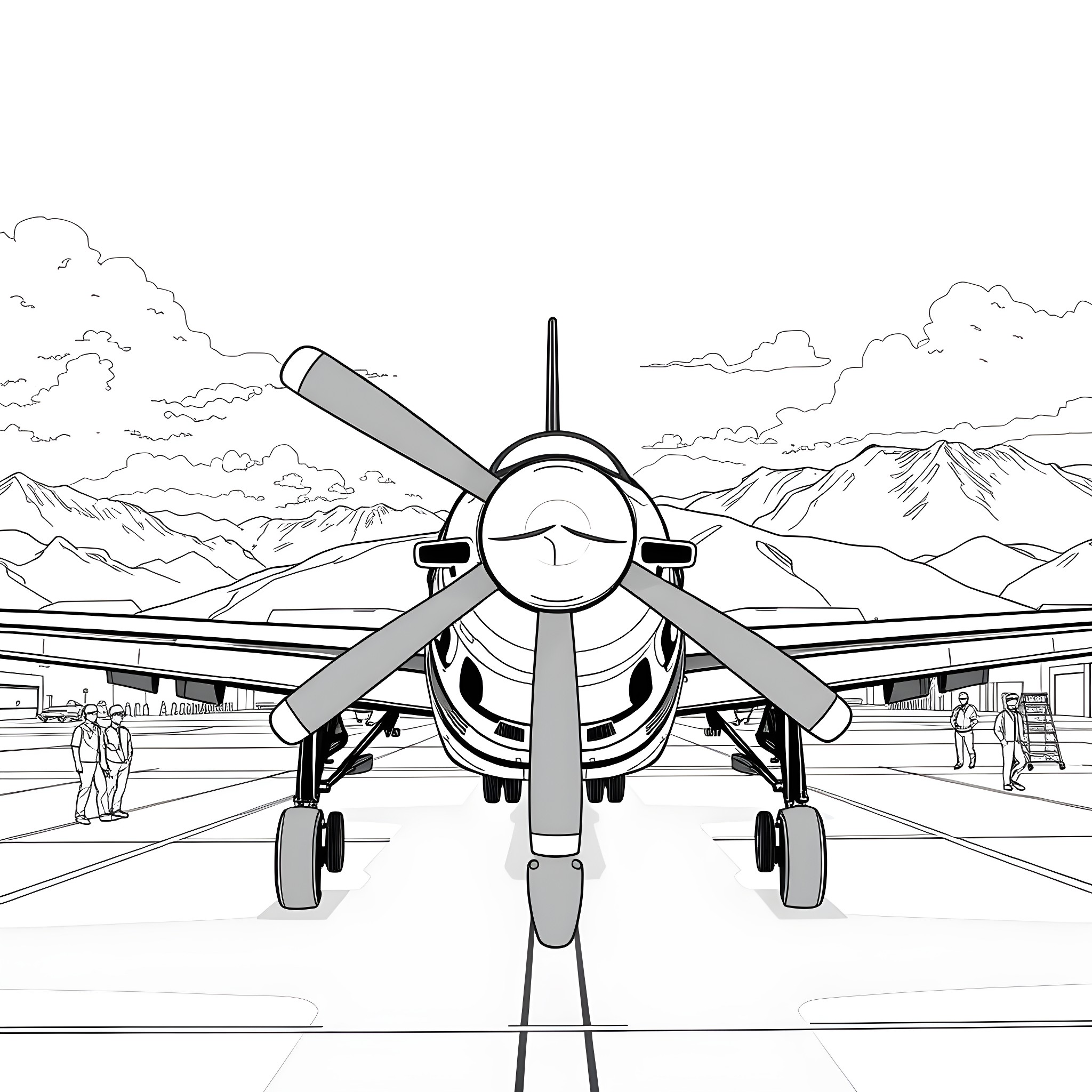 Mustang fighter jet on the runway Coloring Page (free black-and-white line drawing printable PDF for all, from beginners to advanced learners, including children, teens, adults, and seniors)