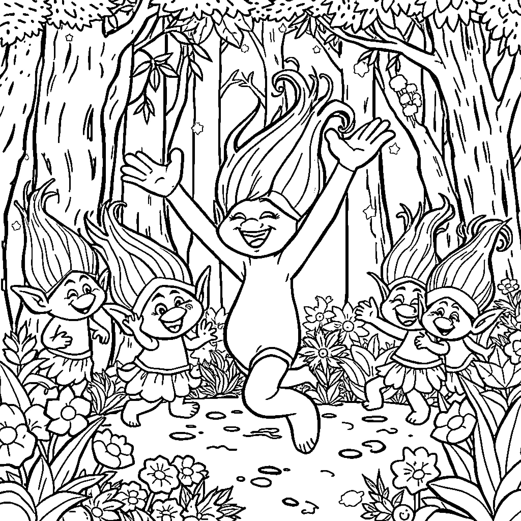 Bluey and Friends Explore the Enchanted Forest Coloring Page (free black-and-white line drawing printable PDF for all, from beginners to advanced learners, including children, teens, adults, and seniors)