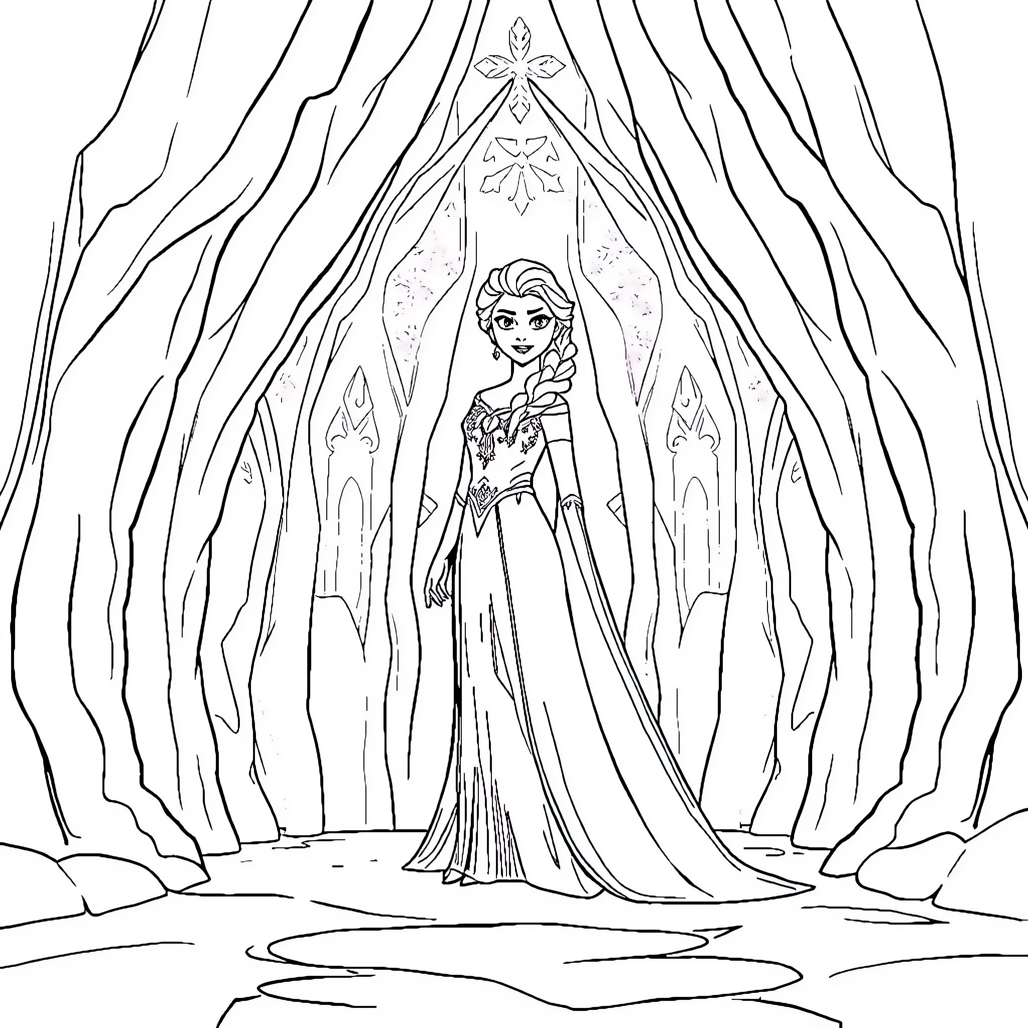 Elsa's Regal Pose in Icy Splendor Coloring Page (free black-and-white line drawing printable PDF for all, from beginners to advanced learners, including children, teens, adults, and seniors)