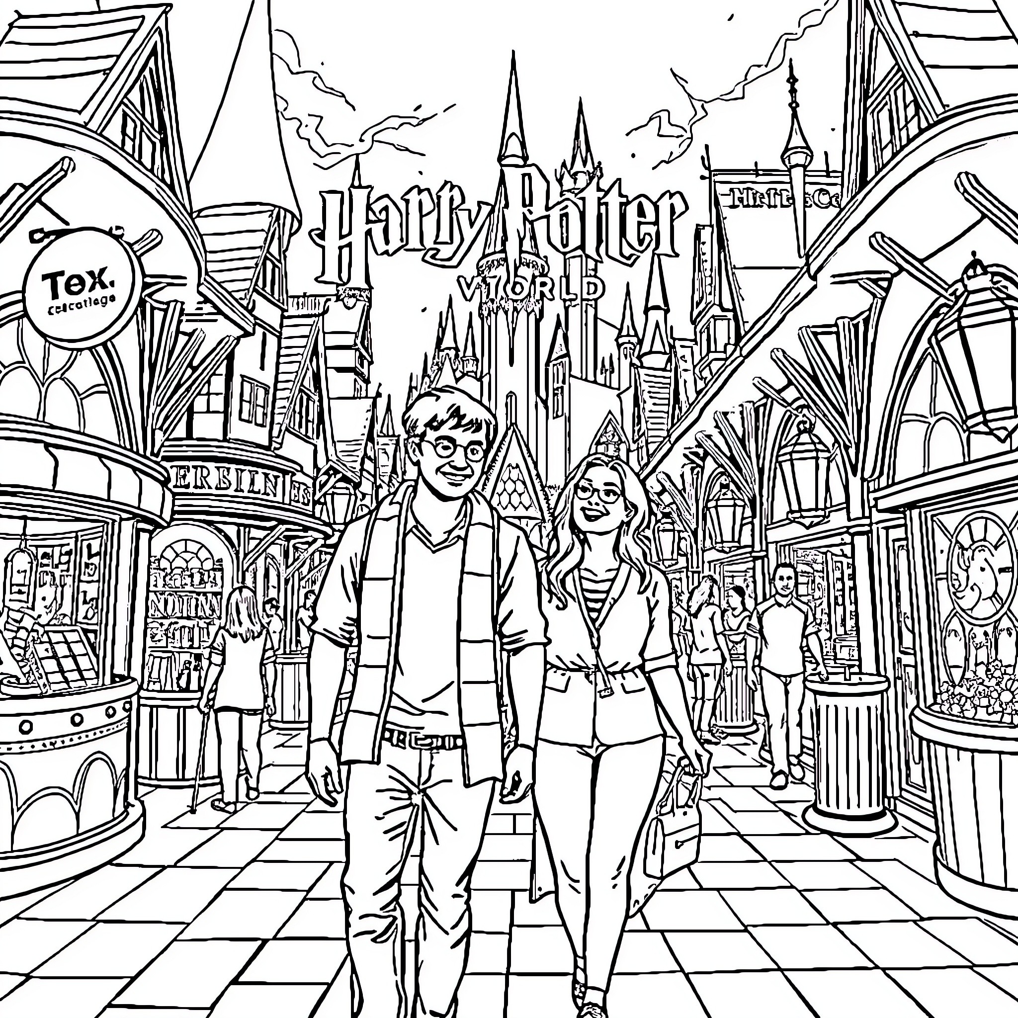 Man and Woman Exploring the Magical Harry Potter World Coloring Page (free black-and-white line drawing printable PDF for all, from beginners to advanced learners, including children, teens, adults, and seniors)